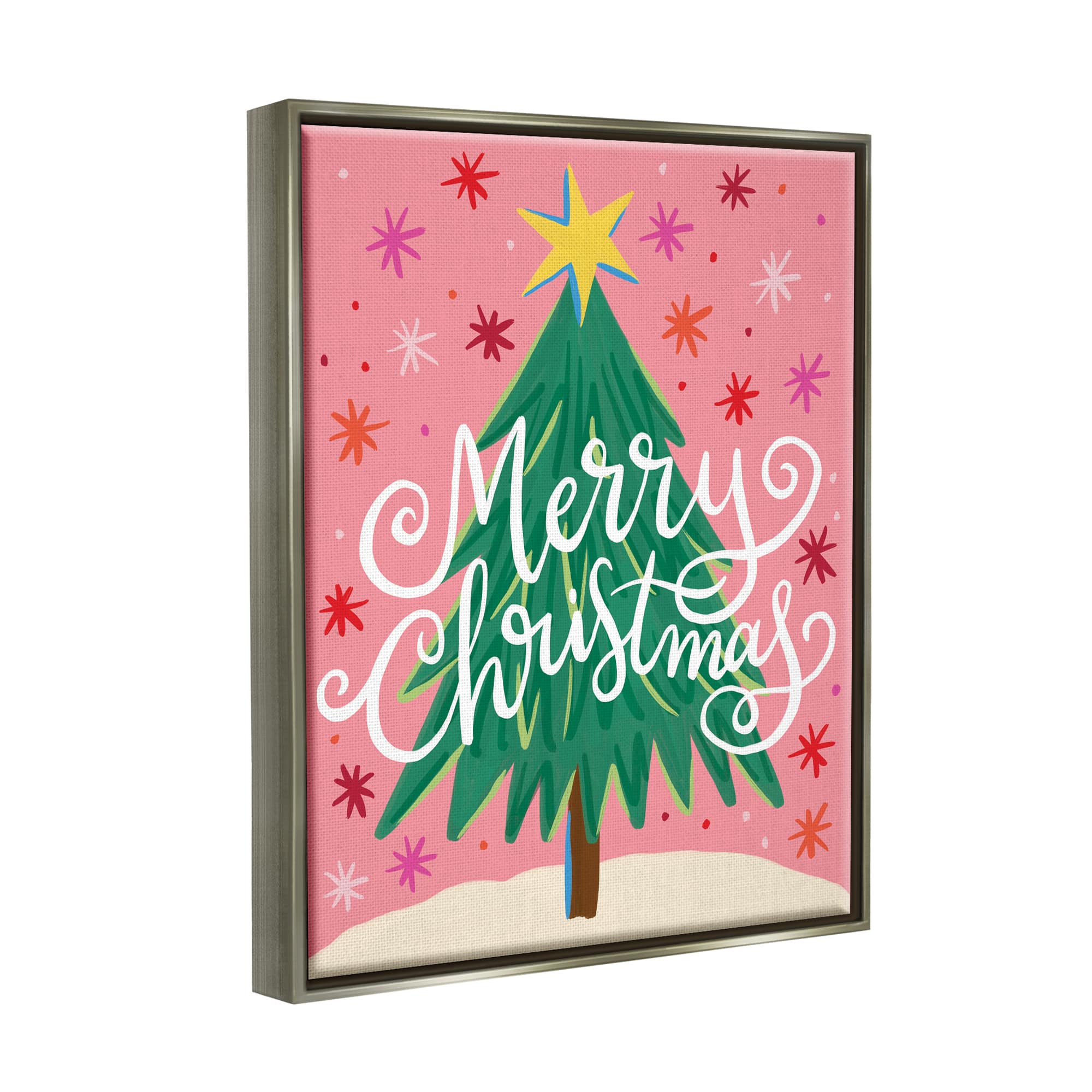 Stupell Industries Merry Christmas Pink Starry Pattern Framed Floater Canvas Wall Art