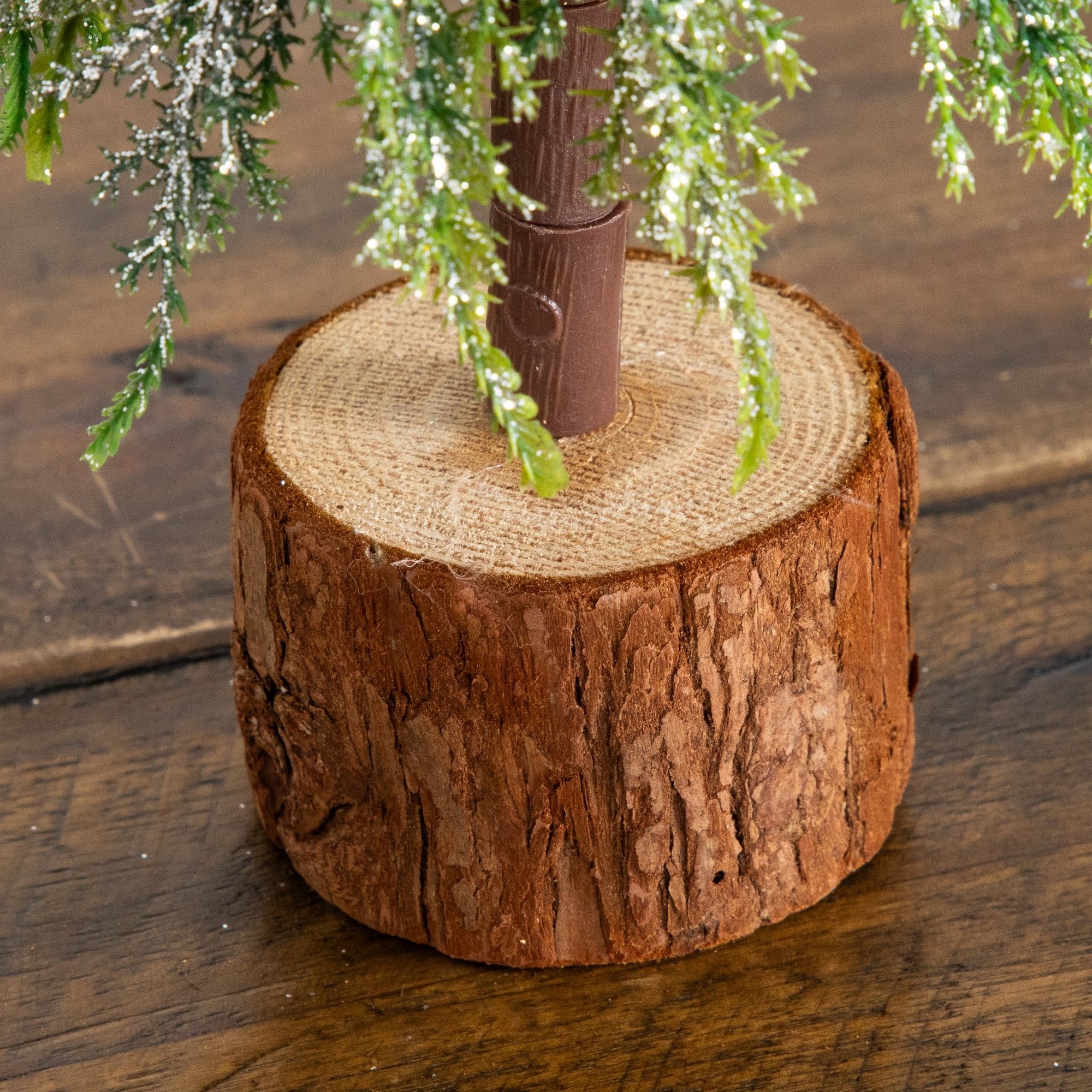 Nearly Natural 14" Unlit Artificial Snowed Santa's Hat Christmas Tree with Ornaments in Wooden Trunk Base