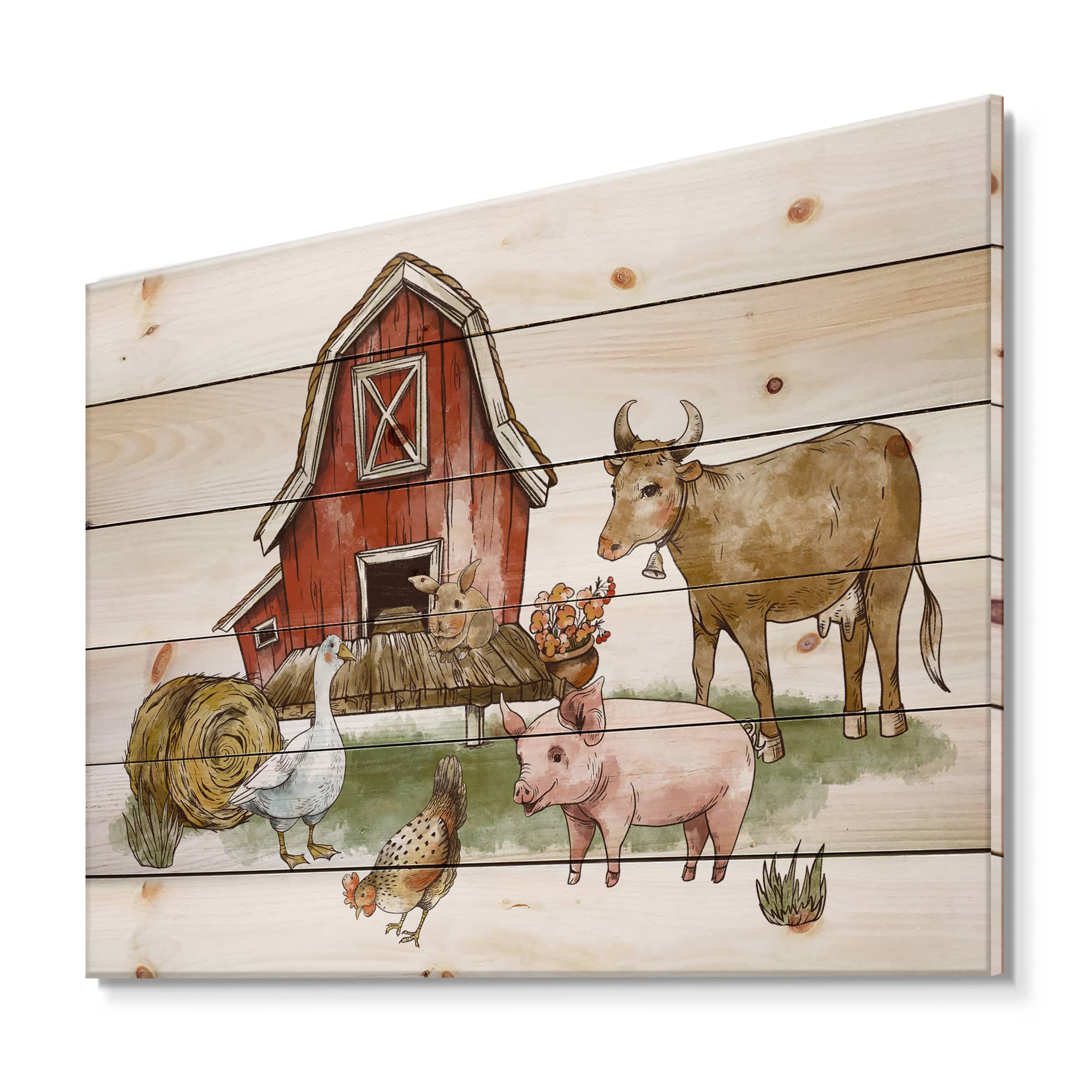 Designart - Farm House With Goose Chicken Cow Pig and Haystack - Rustic Print on Natural Pine Wood