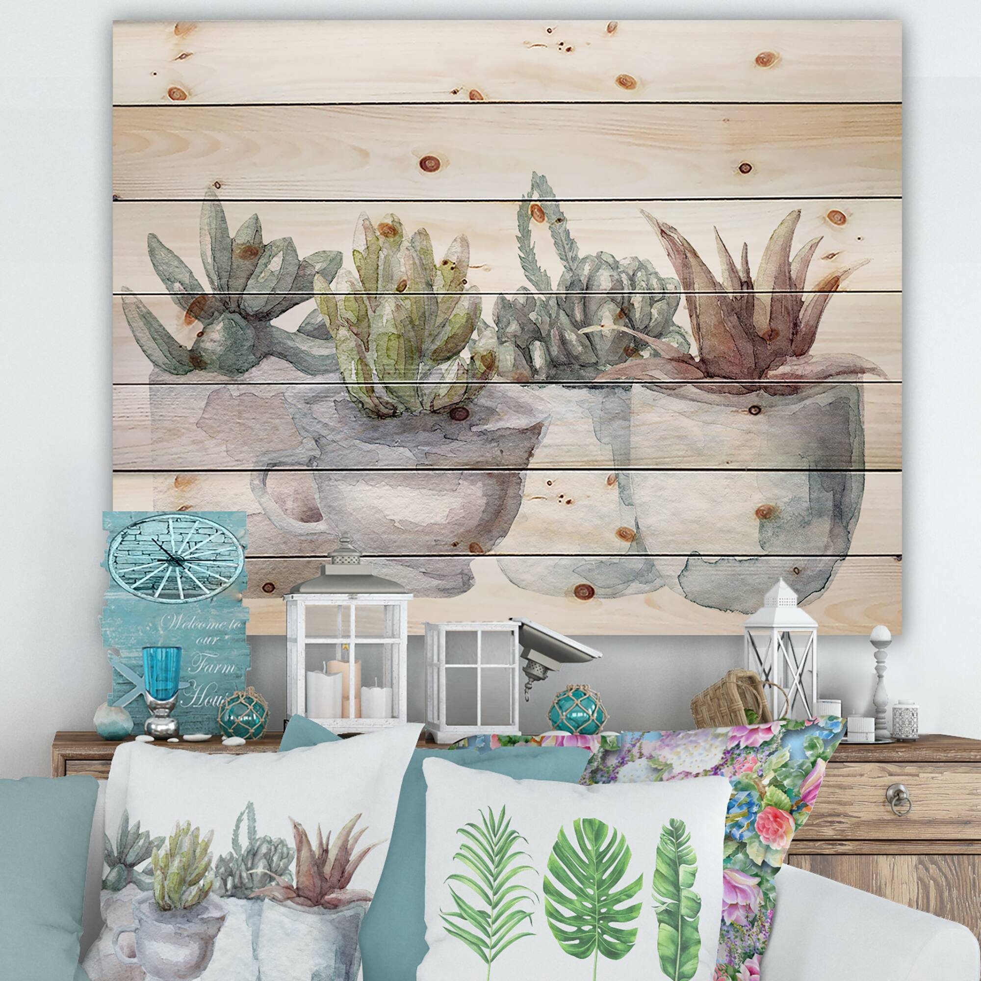 Designart - Cactus and Succulent House Plants IV - Botanical Print on Natural Pine Wood