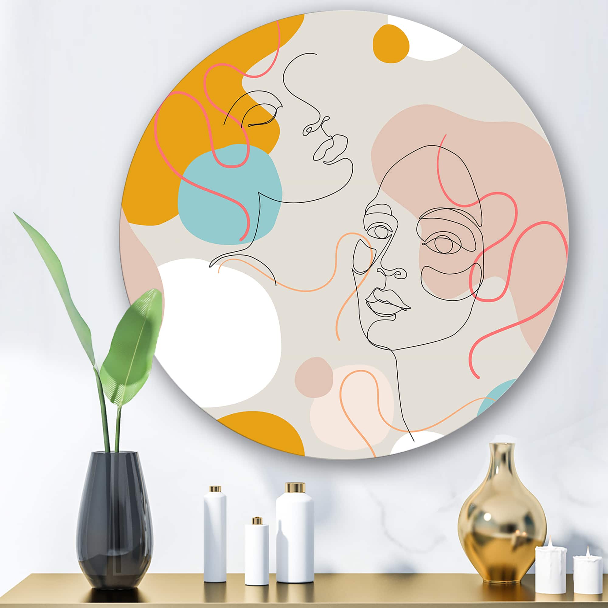 Designart - Minimal One Line Portrait of Female Face II - Modern Metal Circle Wall Art