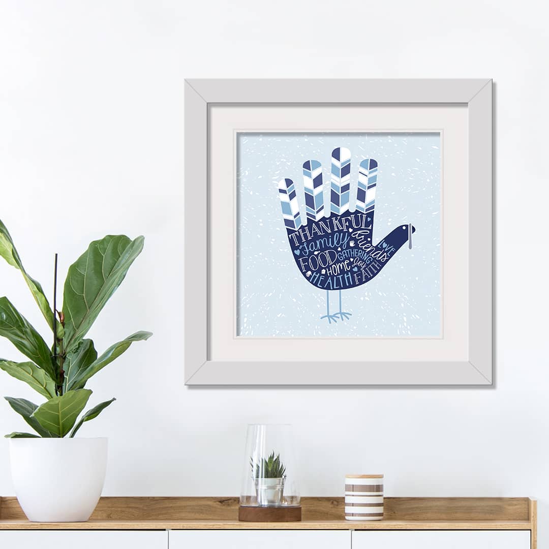 Blue Hand Turkey Fall Print in White Frame