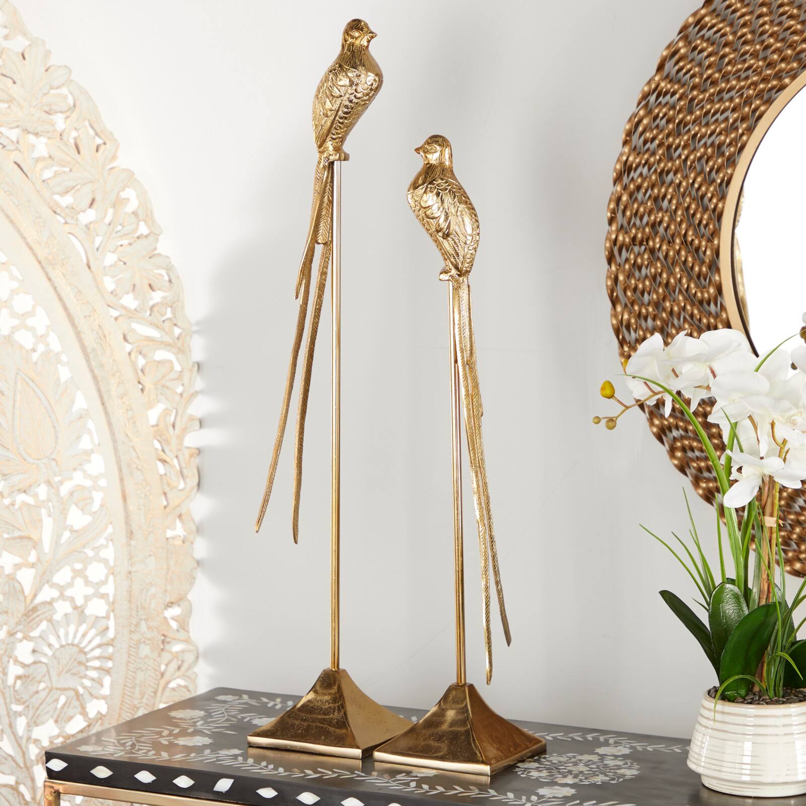 Set of 2 Gold Aluminum Eclectic Bird Sculpture, 33", 28"