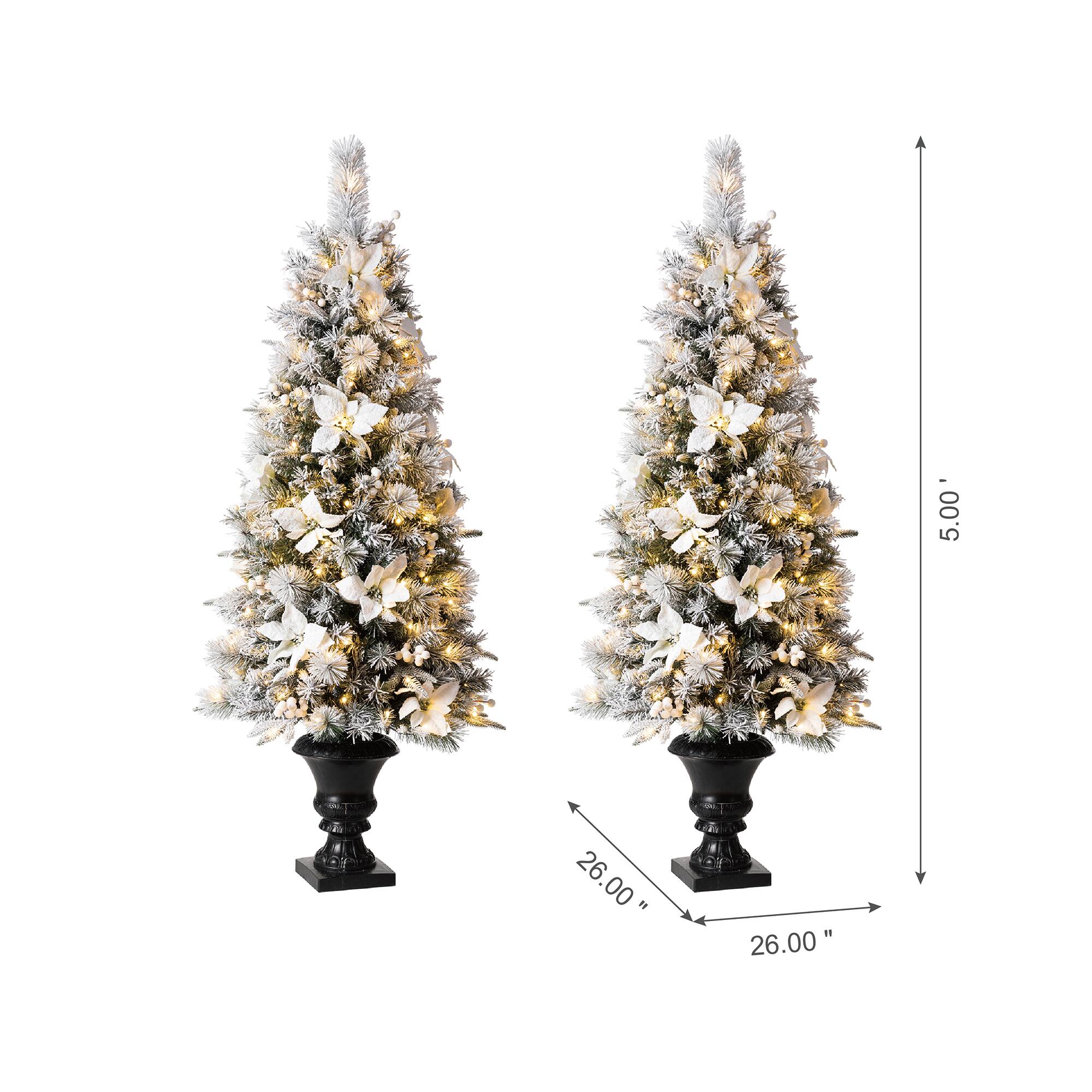 5ft. Pre-Lit Flocked Pine Artificial Christmas Tree in Planter Set, Warm White LED Lights