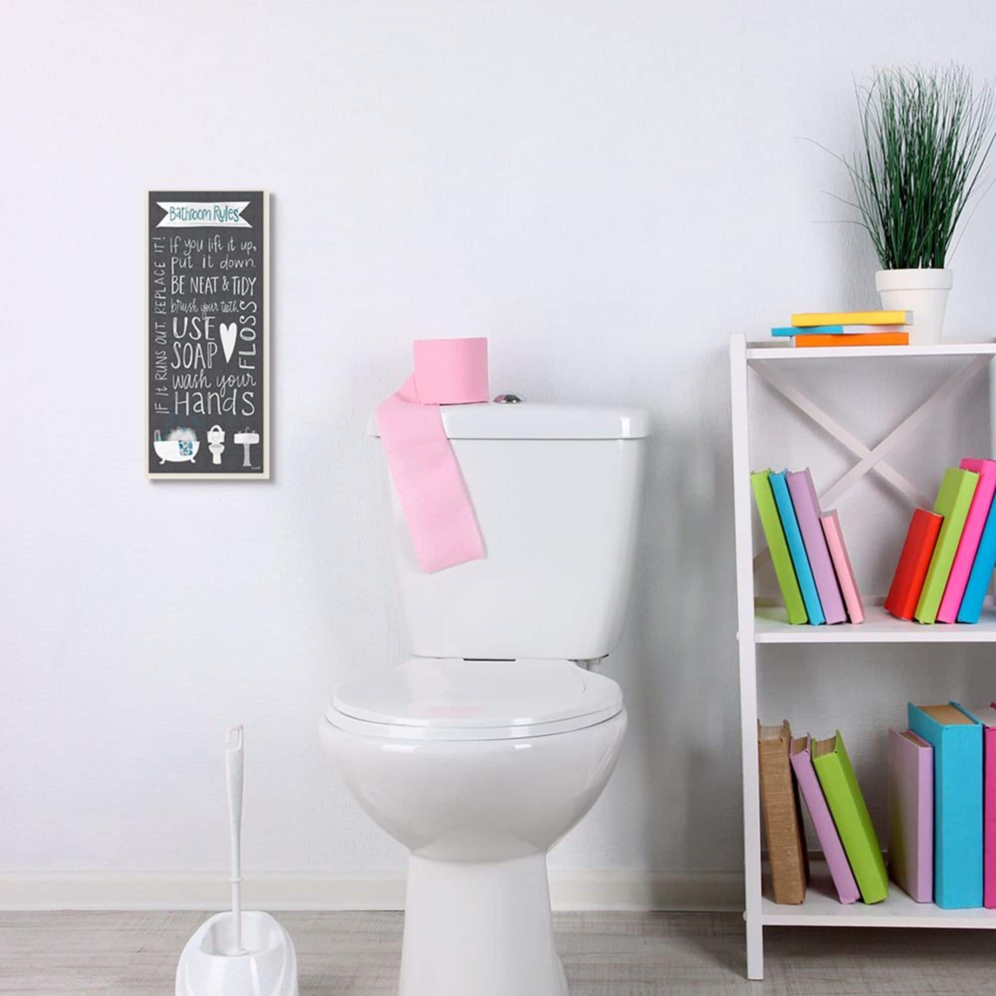 Stupell Industries Bathroom Rules Sign Whimsical Tub Toilet Sink Wood Wall Plaque