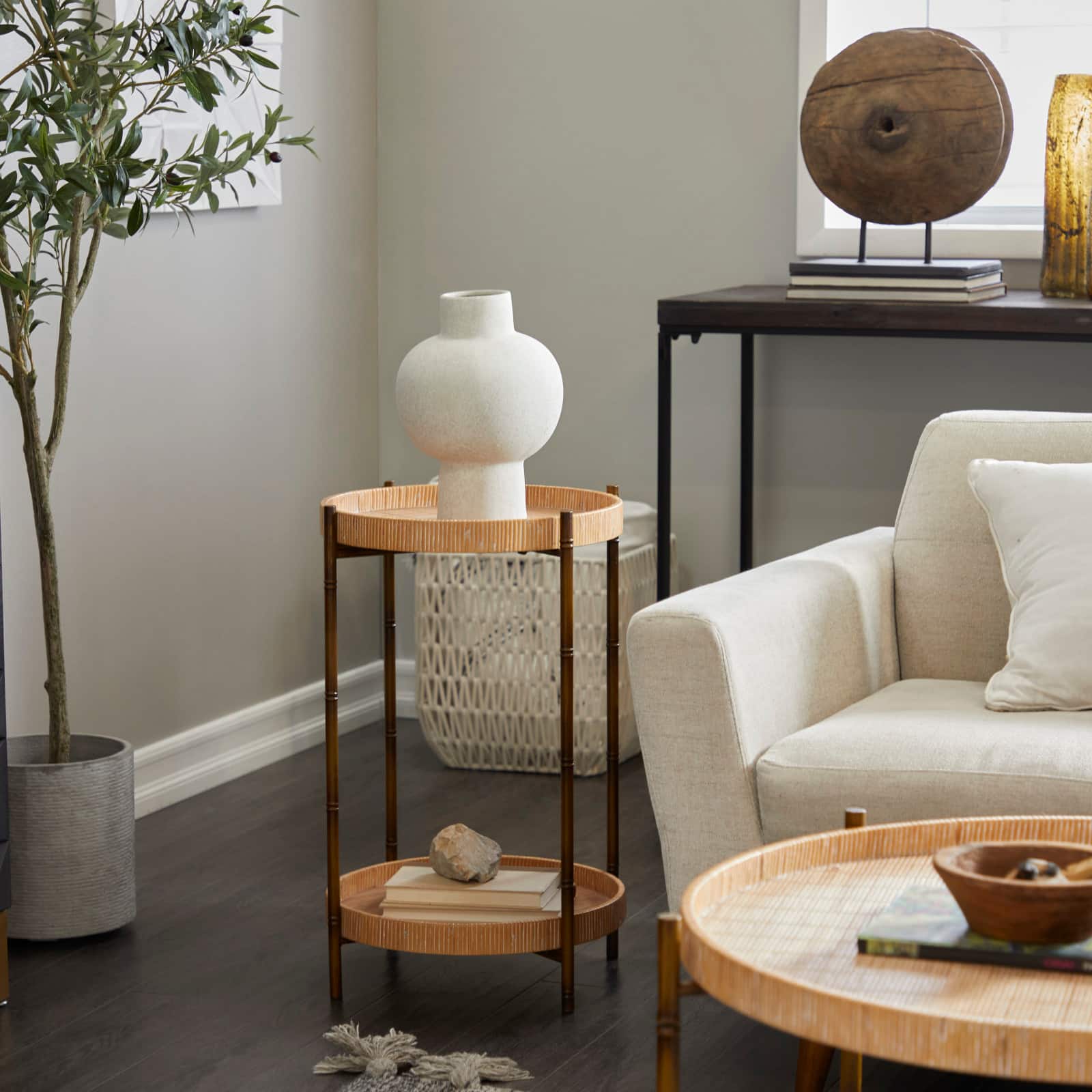 Brown Rattan 2 Tray Shelves Accent Table with Metal Bamboo Inspired Legs 18" x 18" x 26"
