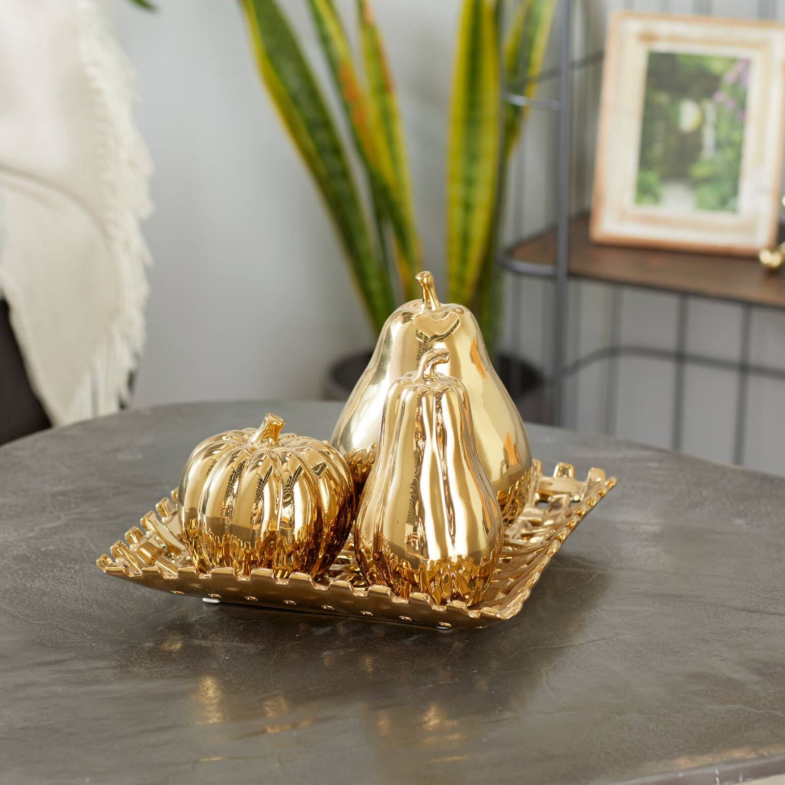 Set of 4 Gold Stoneware Glam Fruit Sculpture, 11" x 8"