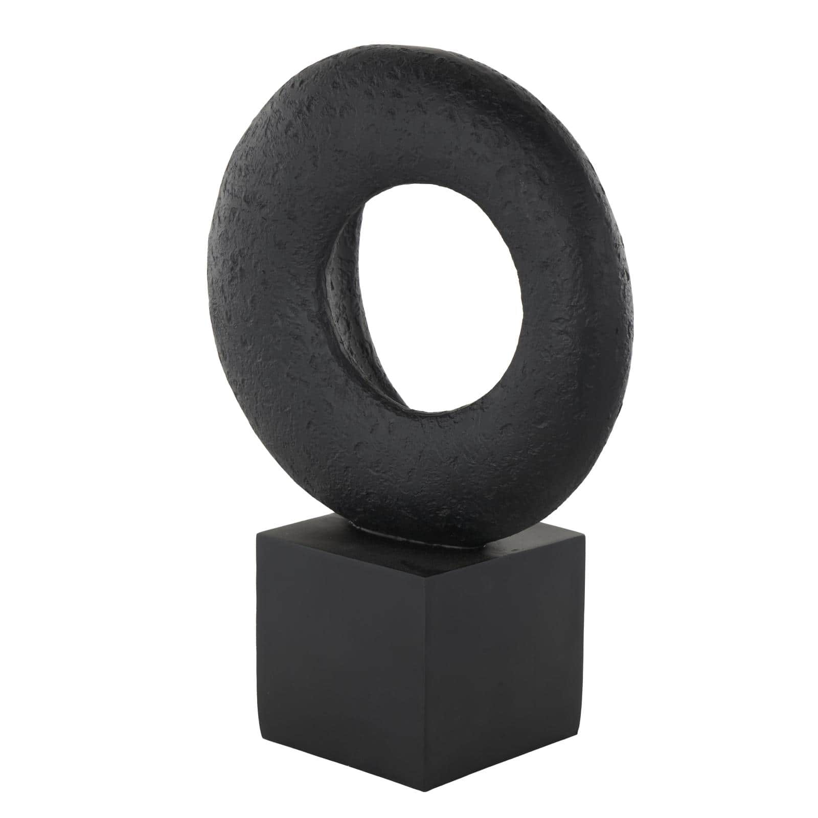 14.25" Black Polystone Geometric Textured Cutout Ring Sculpture with Block Base