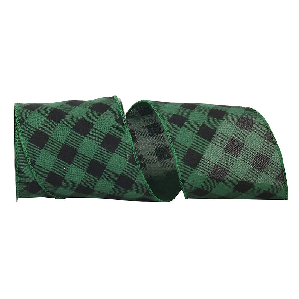 Reliant 4" x 10yd. Green & Black Diagonal Buffalo Check Wired Ribbon