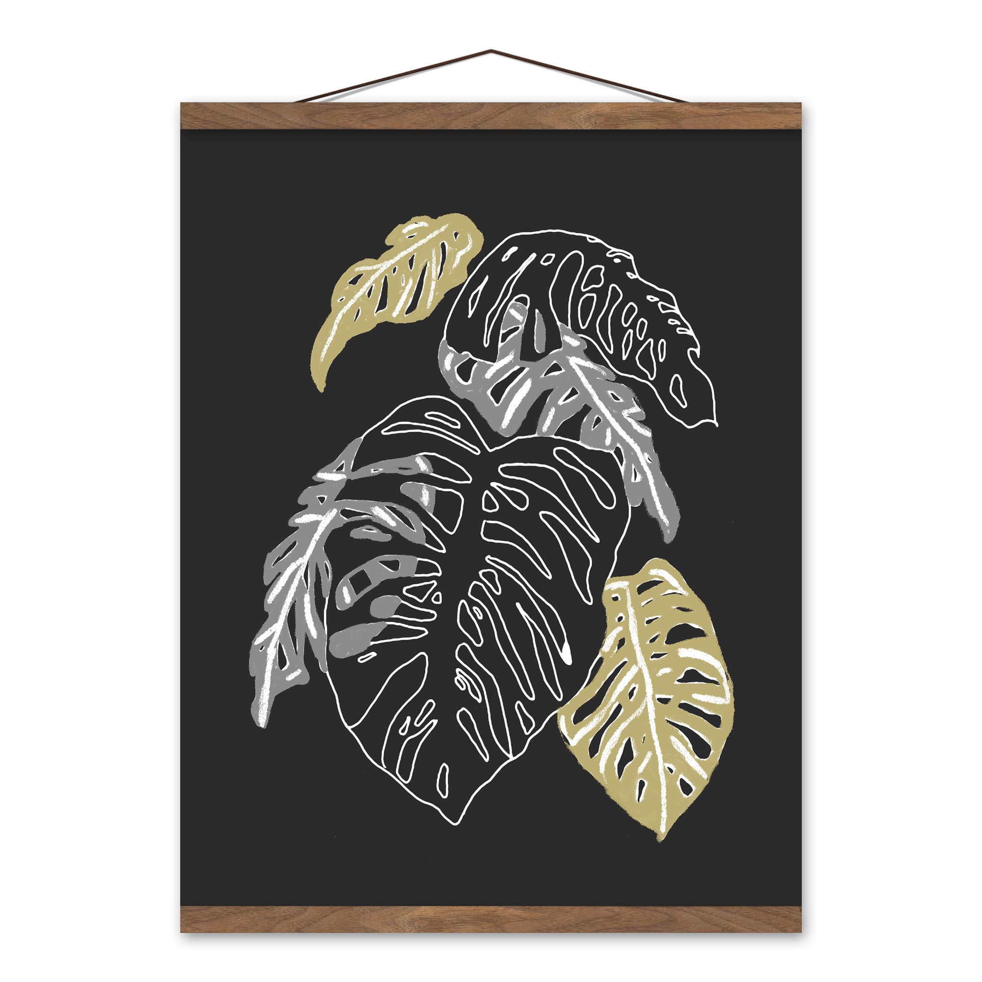 Gold & Silver Monstera Teak Hanging Canvas