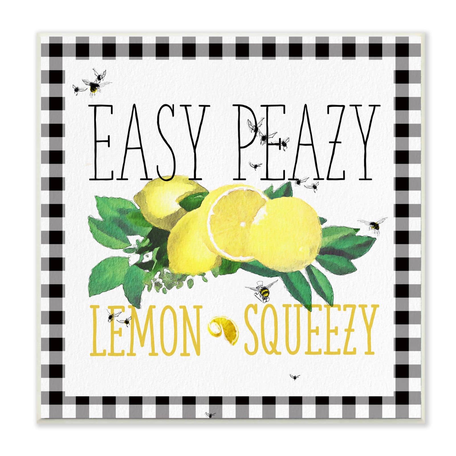 Stupell Industries Easy Peazy Lemon Squeezy Kitchen Humor Plaid Word Design Wood Wall Plaque