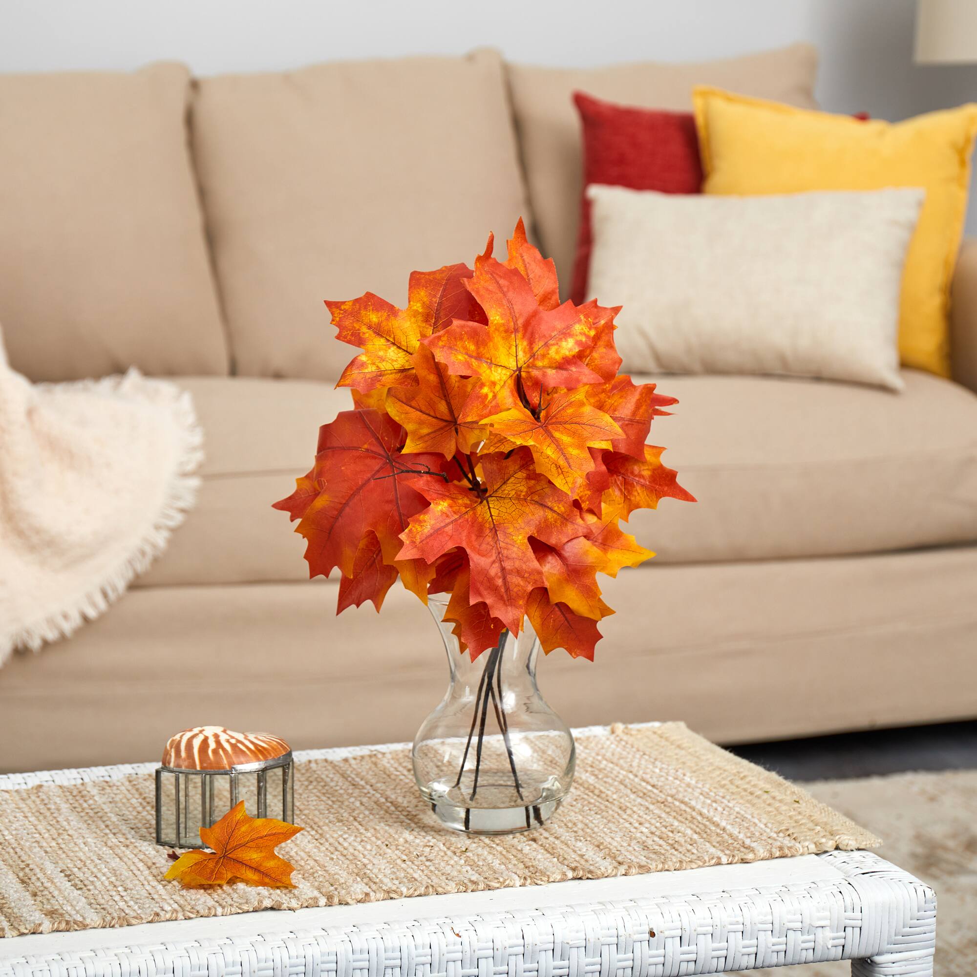 10" Autumn Maple Leaf Arrangement in Glass Vase