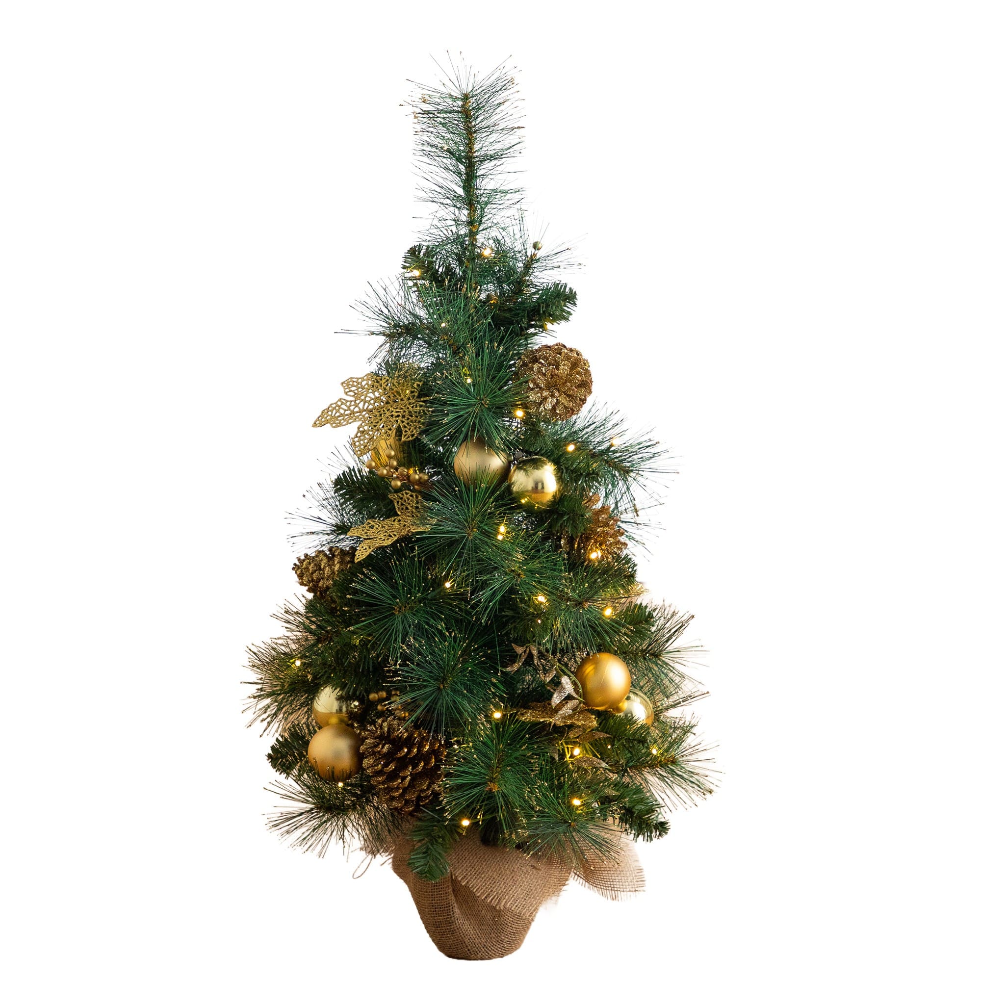 Nearly Natural 3ft. Pre-Lit Artificial Christmas Tree with Gold Ornaments & Pinecones in Jute Wrapped Base, Warm Lights
