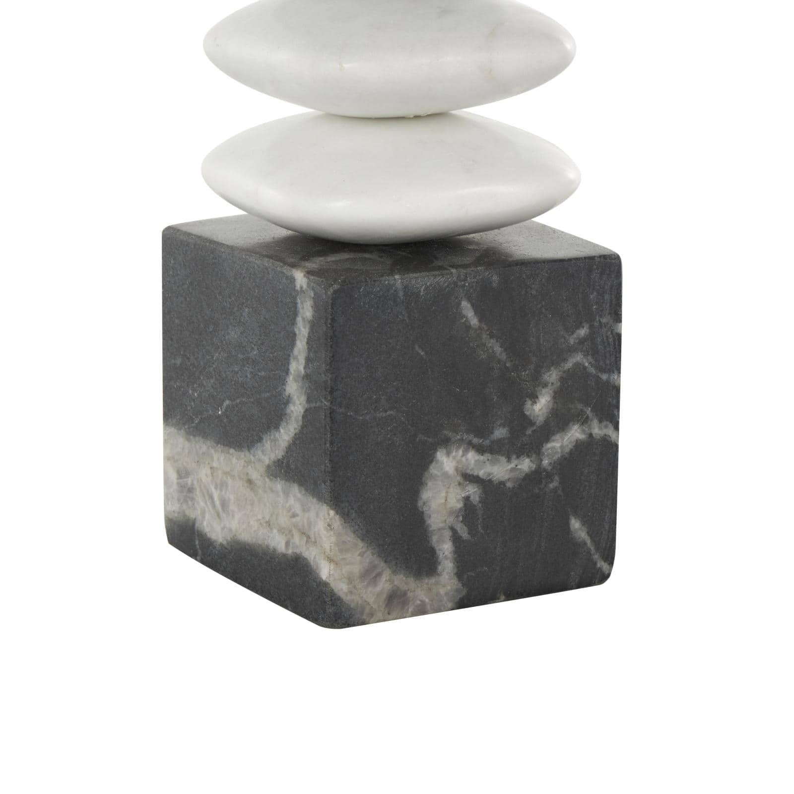White & Black Abstract Stacked Stone Marble Sculpture with Block Base