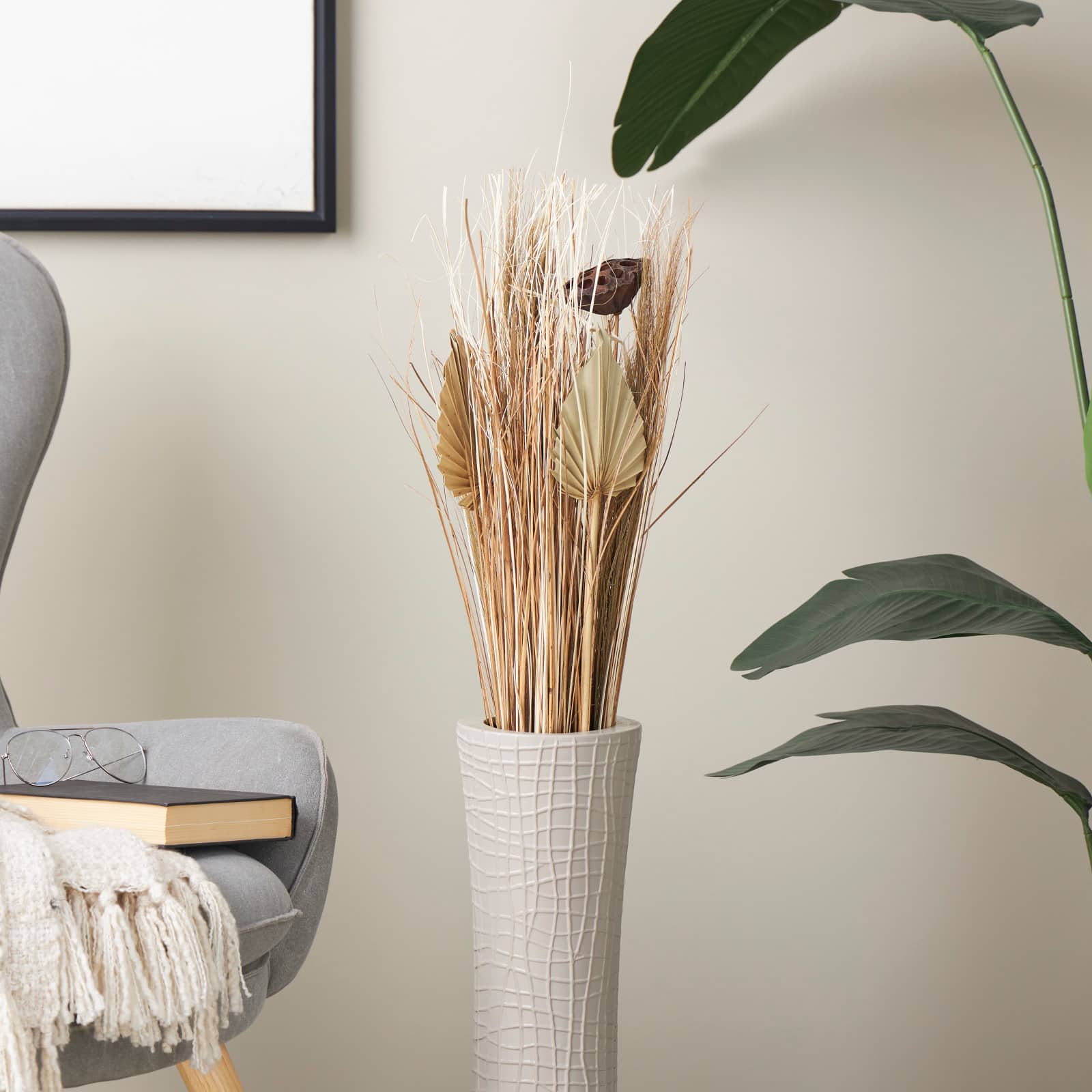 3.4ft. Brown Dried Plant Pampas Grass Natural Foliage with Fan Palm Leaves