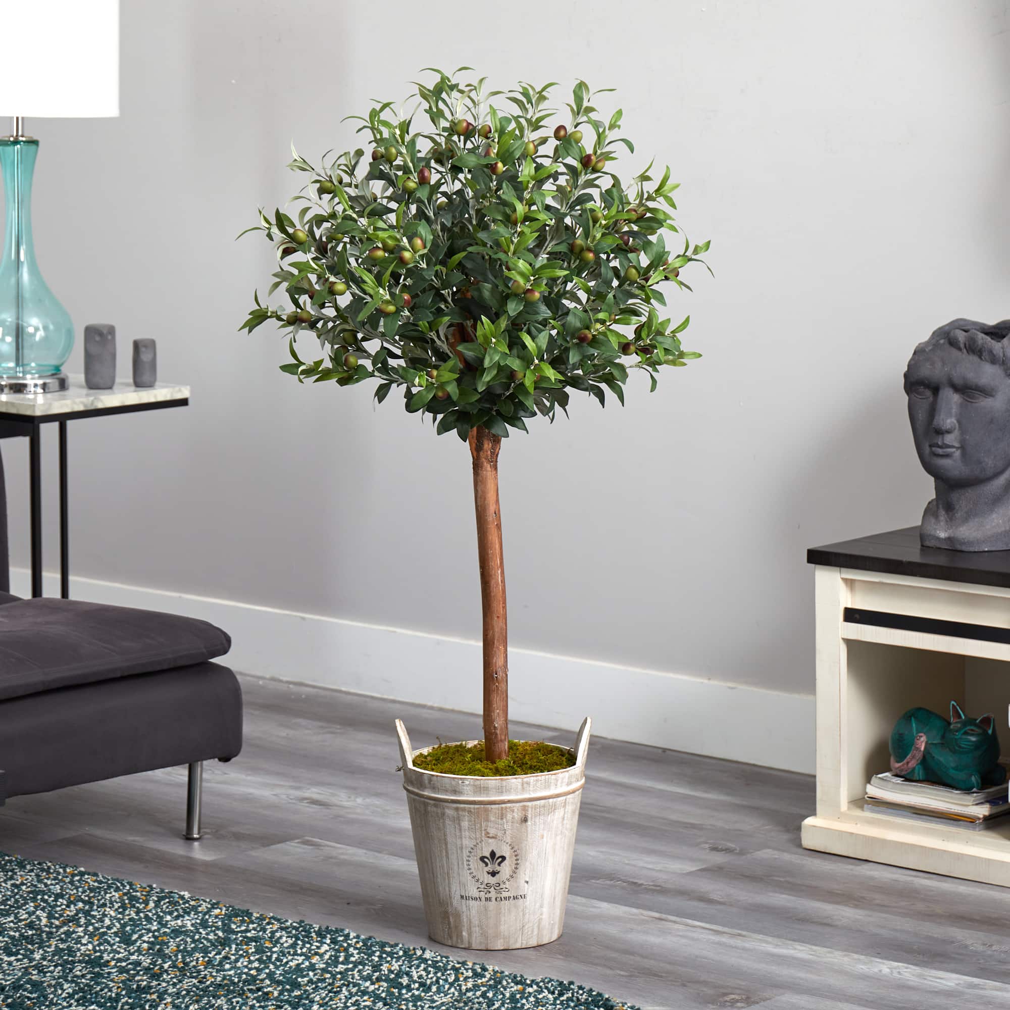 4.5ft. Olive Topiary Tree with Farmhouse Barrel Planter
