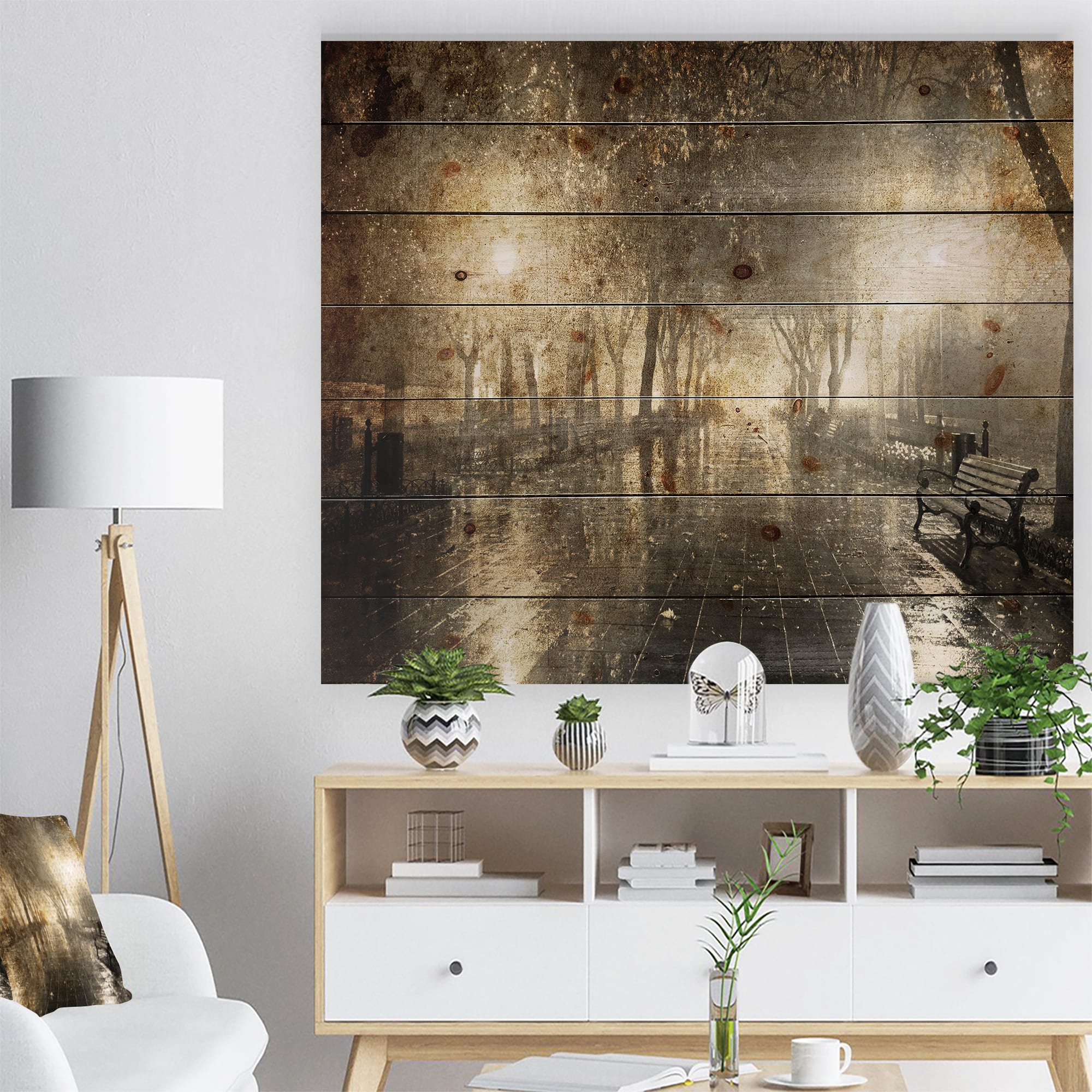 Designart - Night Alley with Lights - Photography Landscape Print on Natural Pine Wood