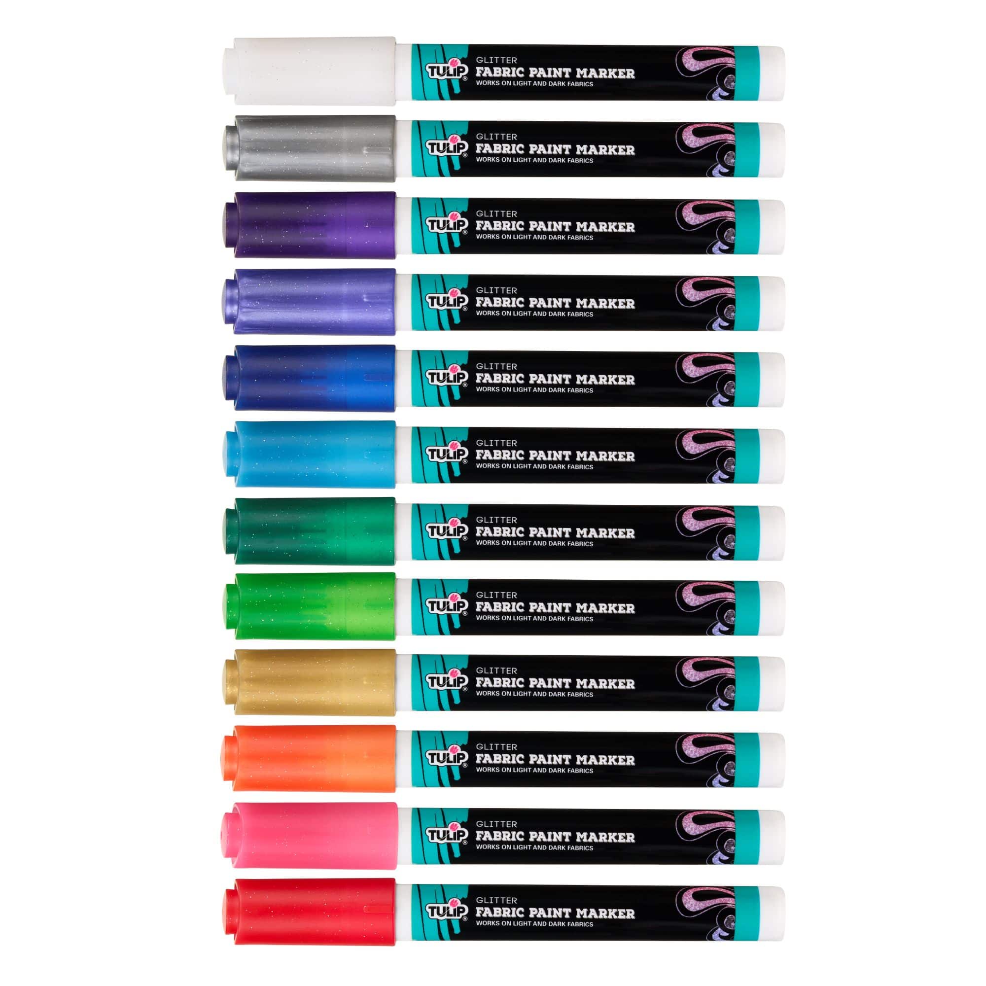 Michaels, Tulip® Glitter 12 Colour Permanent Bullet Tip Fabric Paint Marker Set – Category: Fabric Paint