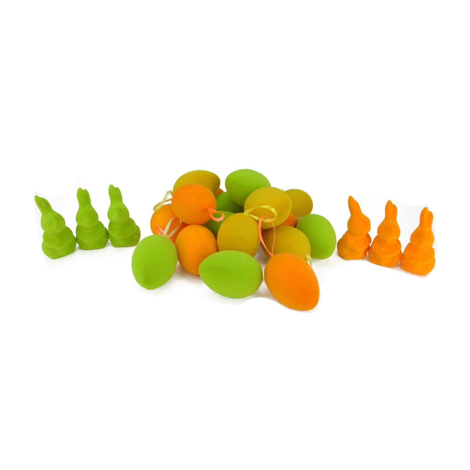 Gordon 32021261 2.5 in. Orange, Green & Yellow Spring Easter Egg Ornaments & Bunny Figures, Set of 24