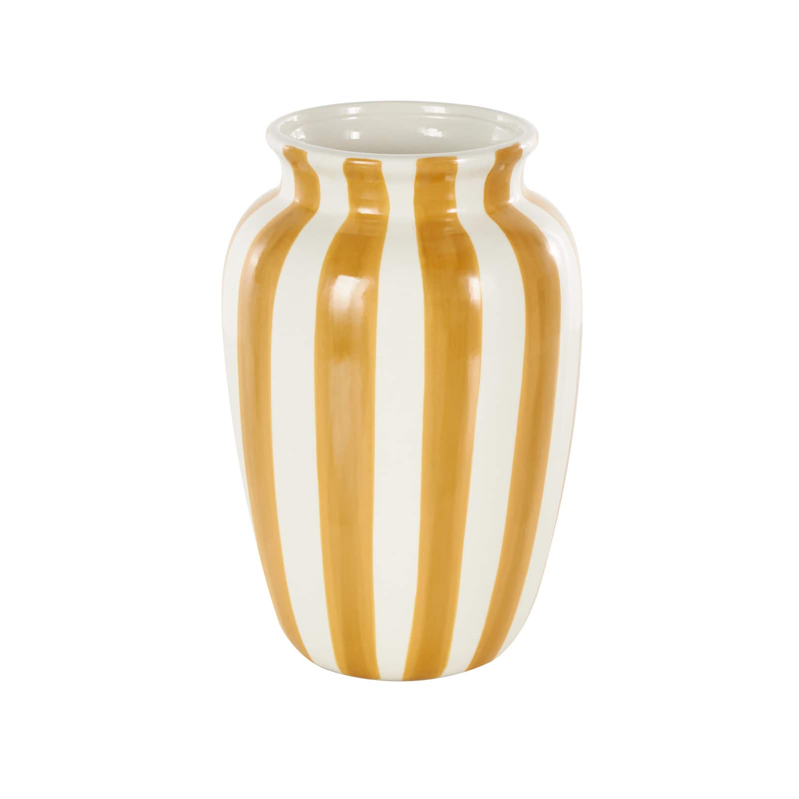 9.5" White & Yellow Stripes Round Wide Ceramic Vase