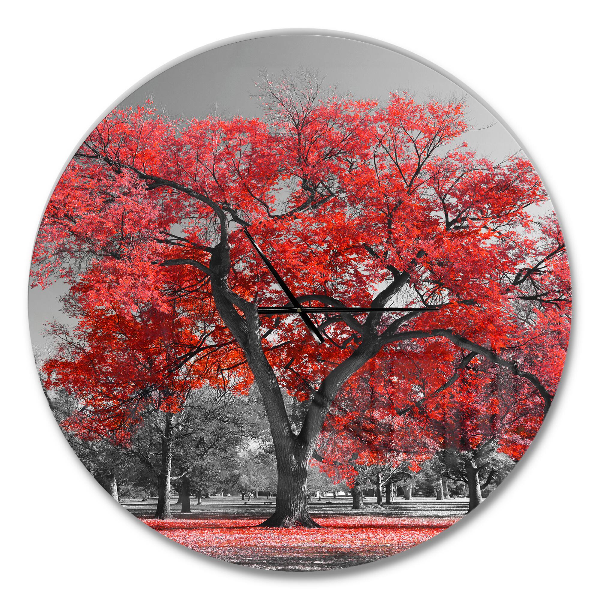 Designart Big Red Tree On Foggy Day Wall Clock