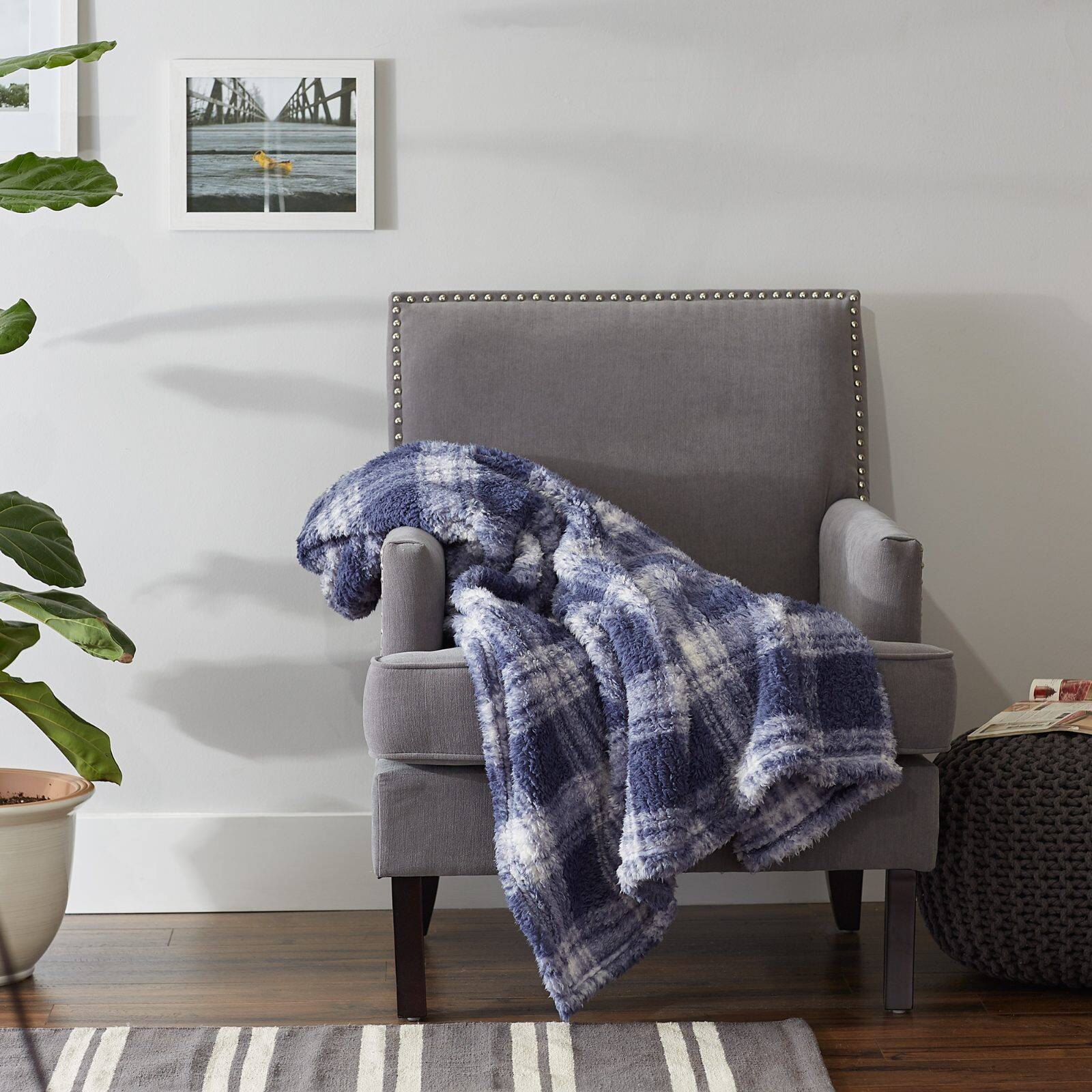 DII® French Blue Farmhouse Plush Plaid Throw