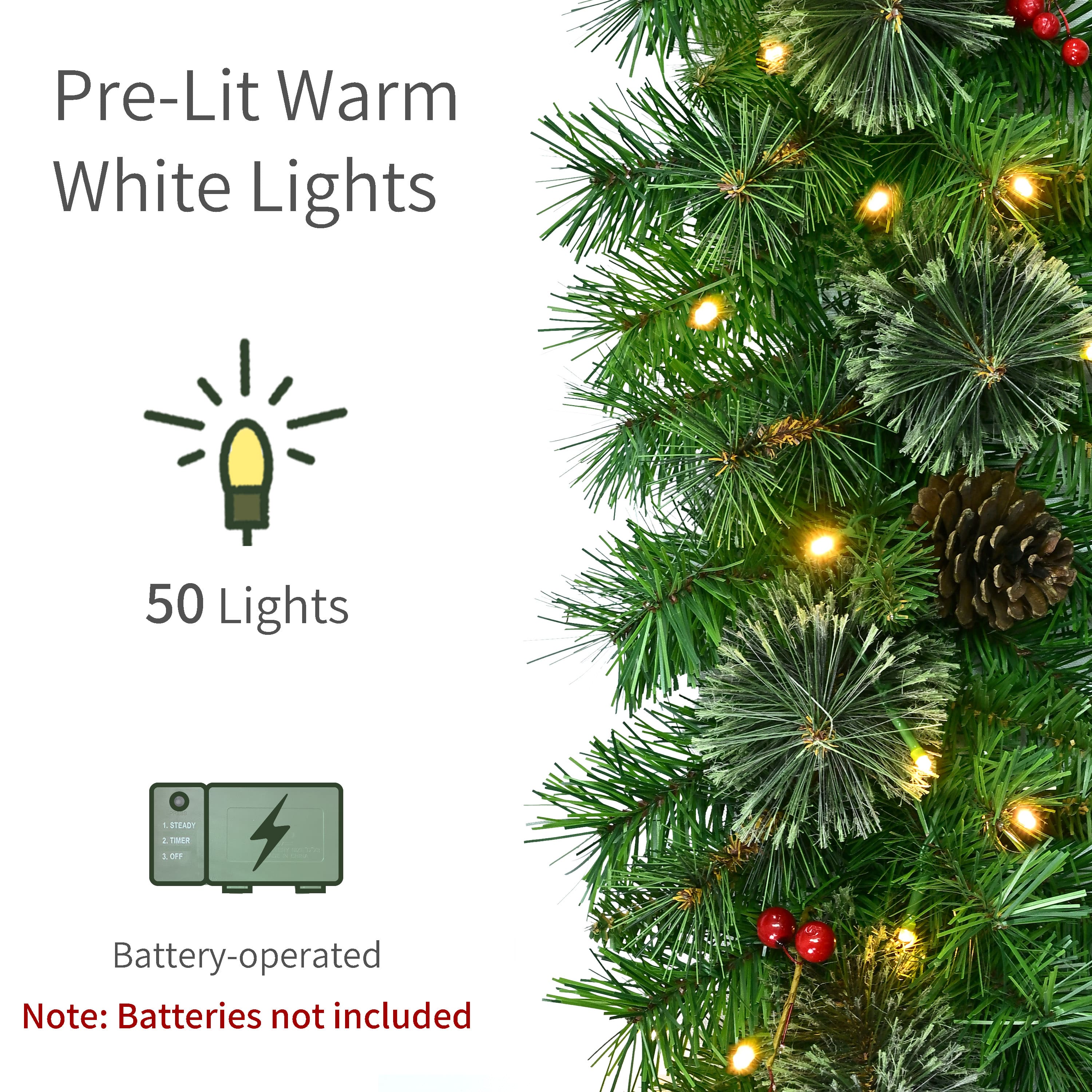Puleo International 9ft. Pre-Lit Pine with Pinecones & Berries Artificial Garland