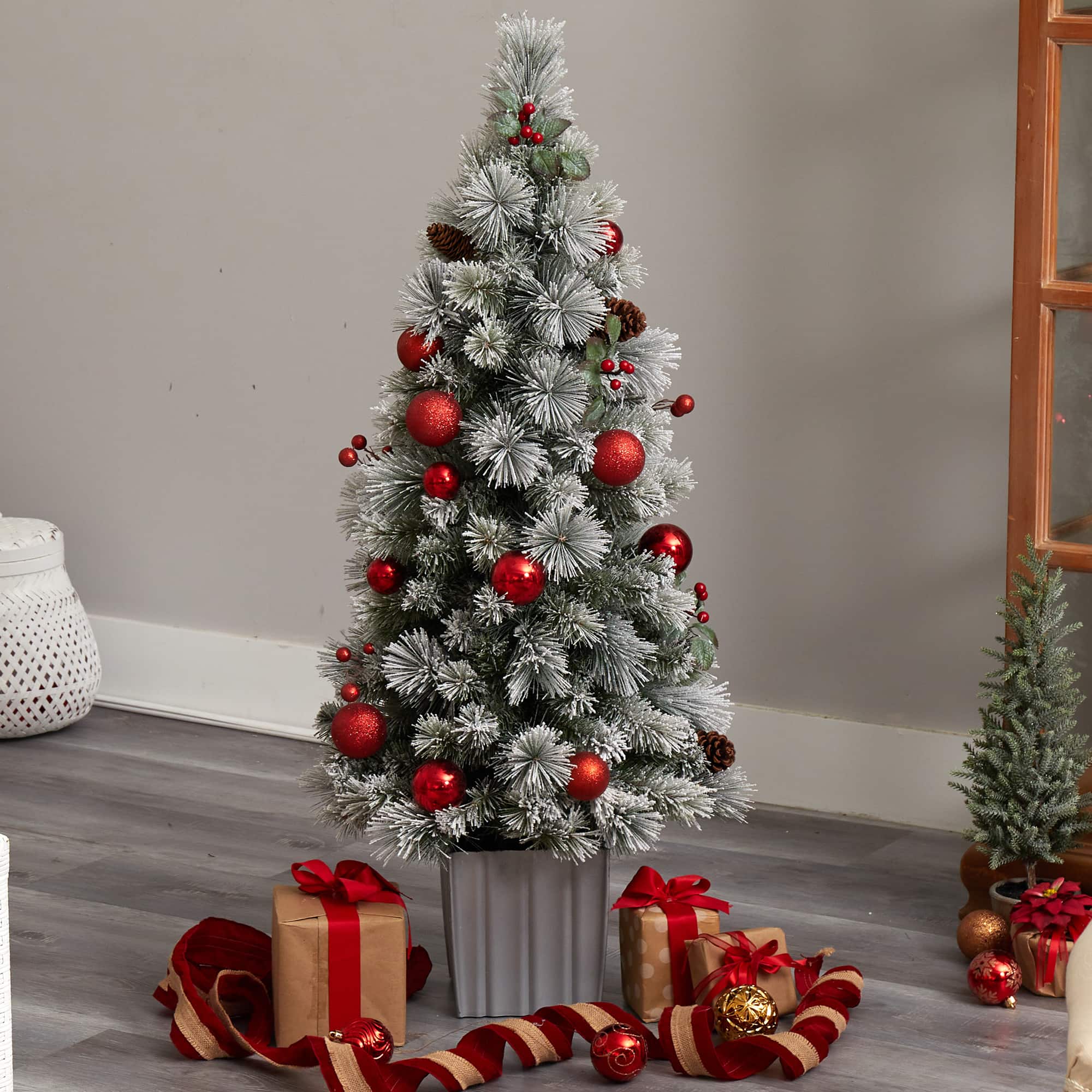 4ft. Pre-Lit Winter Flocked Artificial Christmas Tree in Decorative Planter, White LED Lights