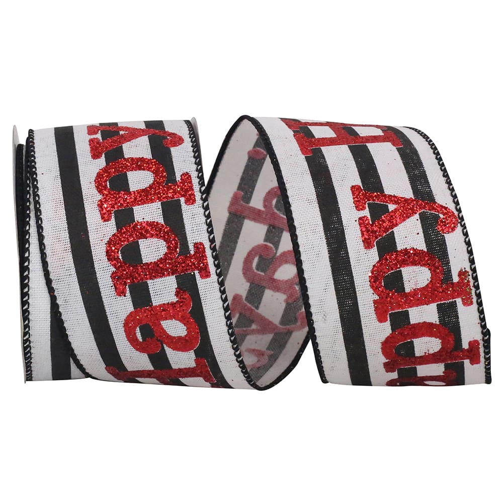JAM Paper 2.5" x 10yd. White & Black Happy Holiday Glitter Stripes Wired Ribbon
