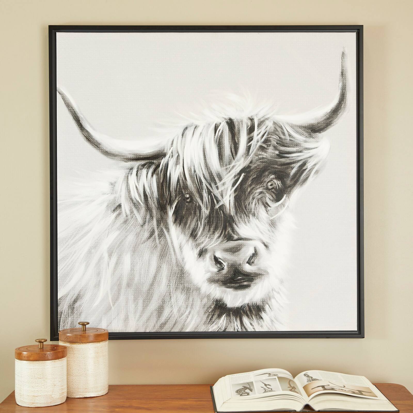 White Canvas Shaded Bull Framed Wall Art with Black Frame 37" x 1" x 37"