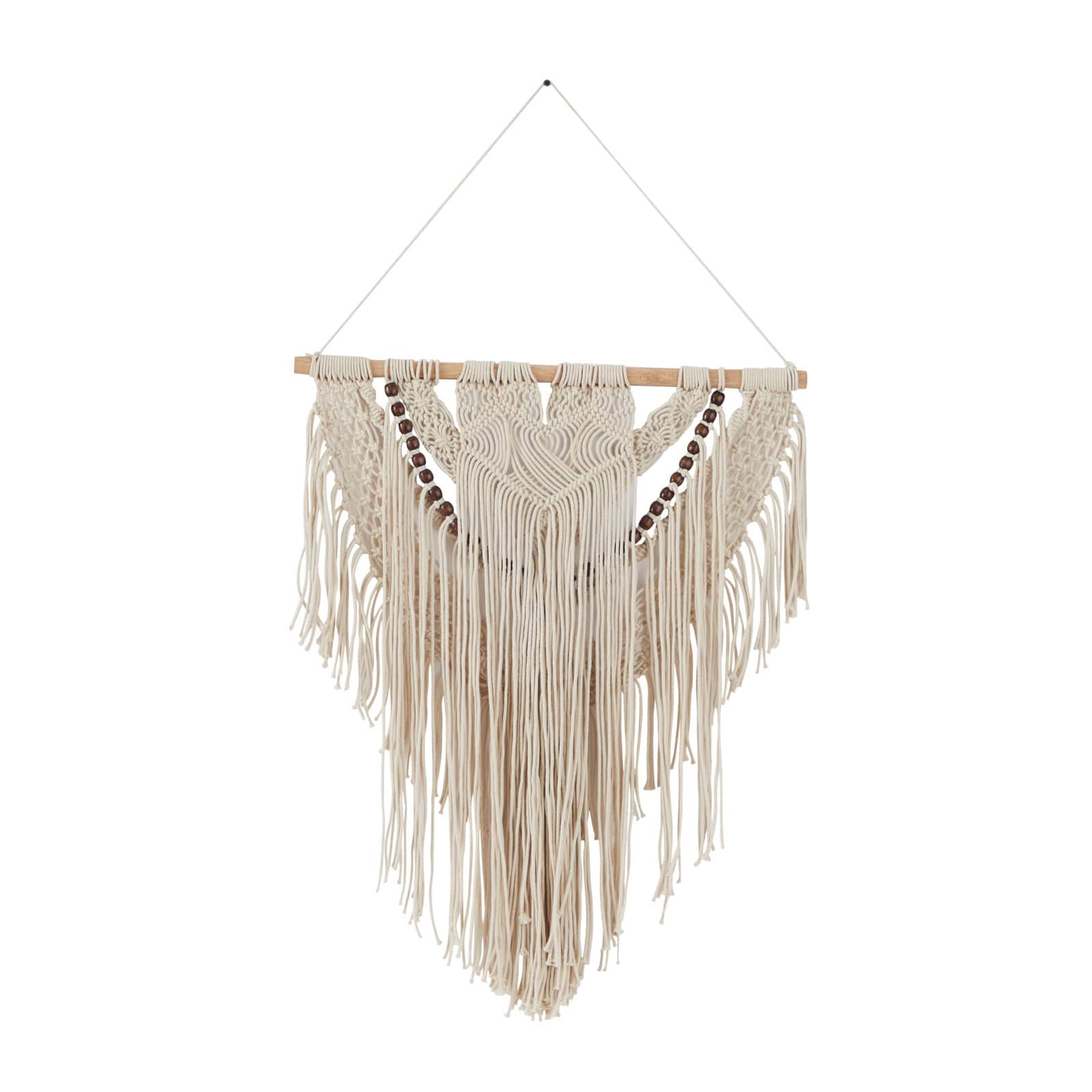 Cream Cotton Intricately Weaved Macrame Wall Decor with Beaded Fringe Tassels 25" x 1" x 44"
