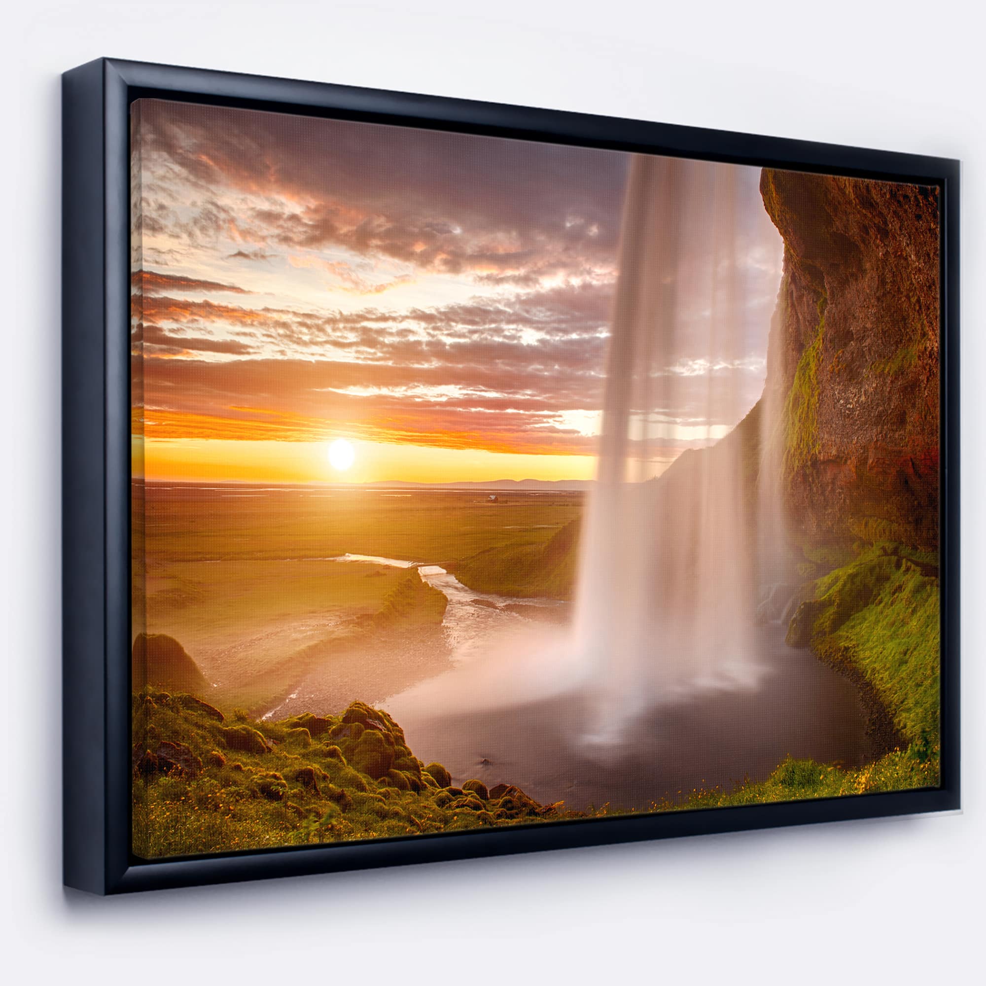 Designart - Seljalandsfoss Waterfall at Sunset - Landscape Photography Framed Canvas Print