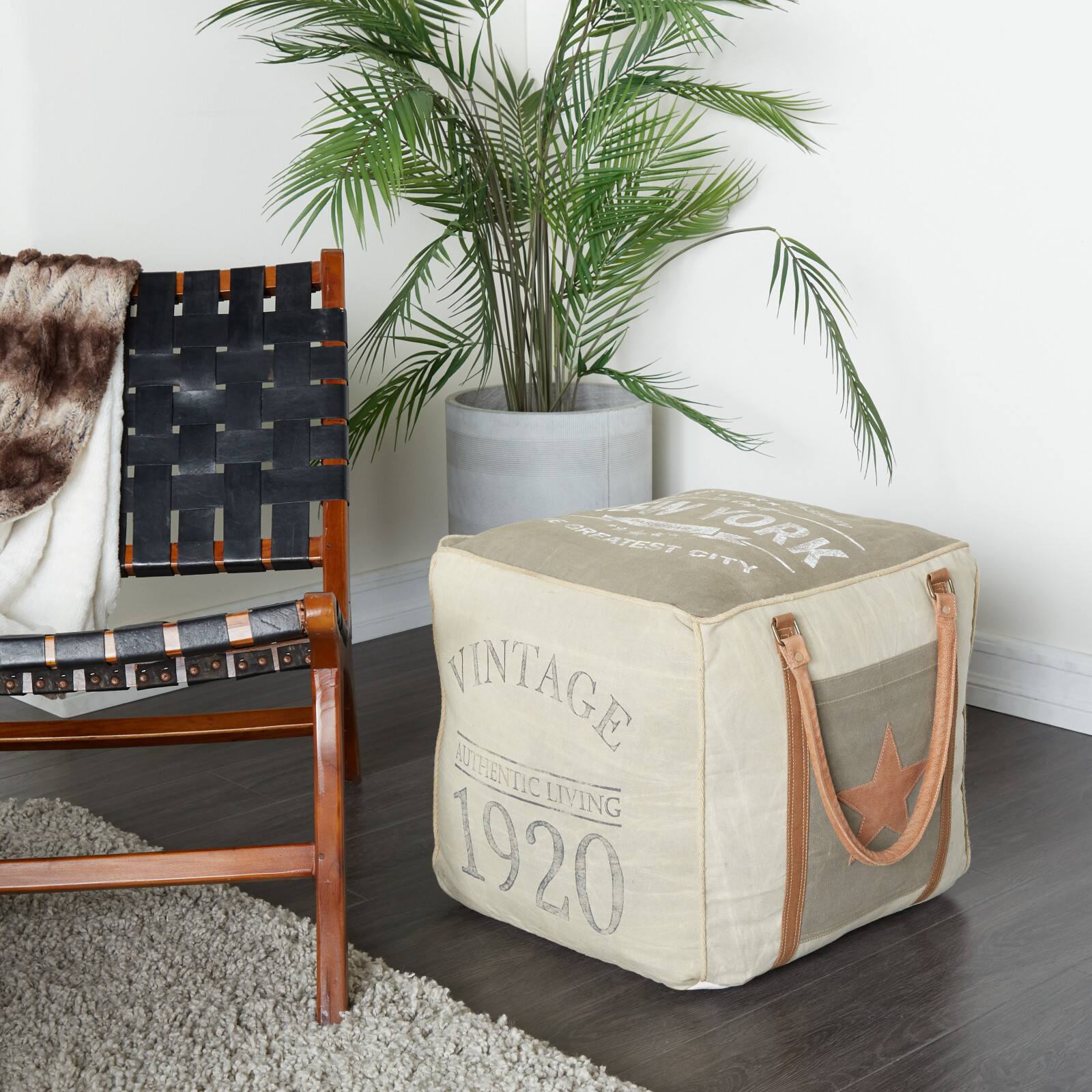 Grey Canvas Rustic Stool, 19" x 21" x 21"