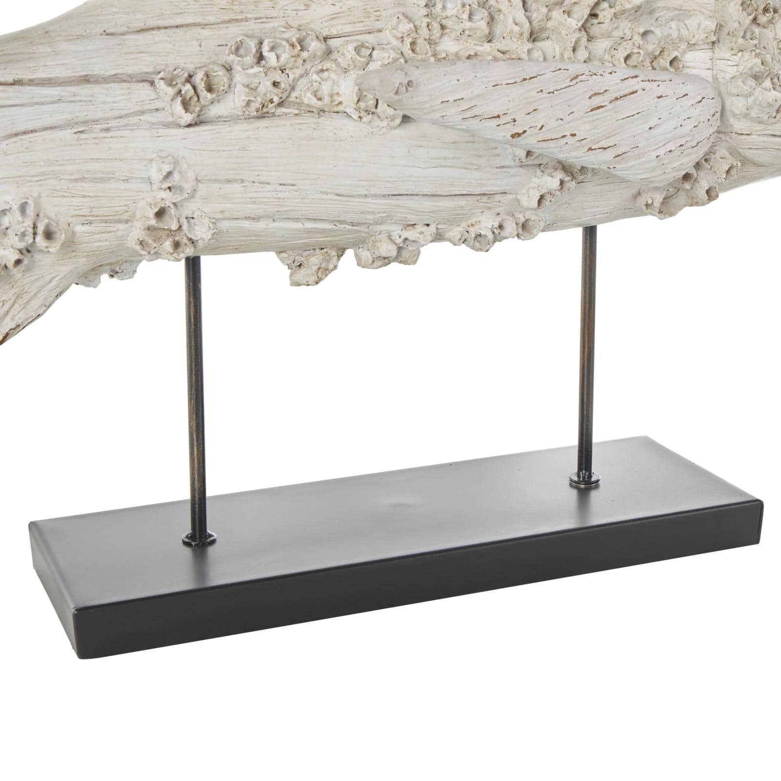 43.5" Cream Polystone Fish Textured Sculpture with Brown Distressing & Black Metal Stand
