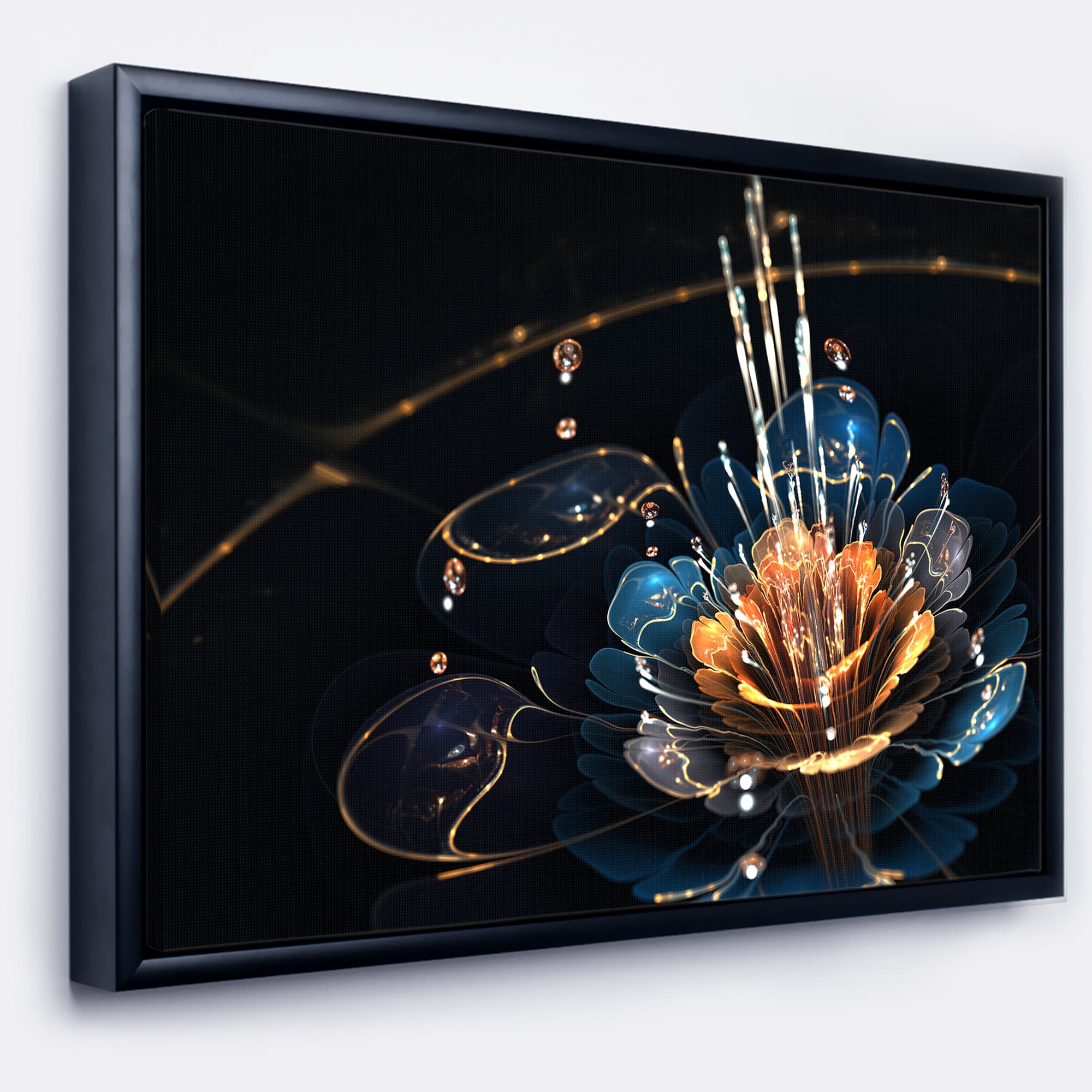 Designart - Orange Blue Flower with Water Drops - Floral Art Framed Canvas Print