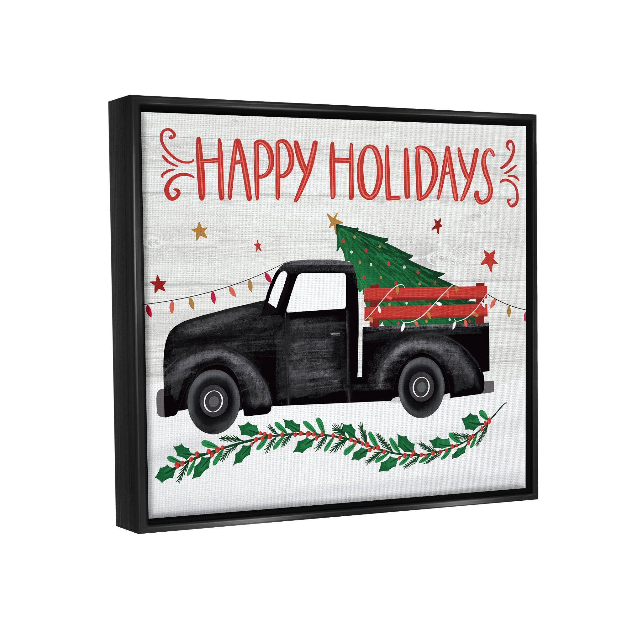 Stupell Industries Happy Holidays Christmas Tree Truck Framed Floater Canvas Wall Art
