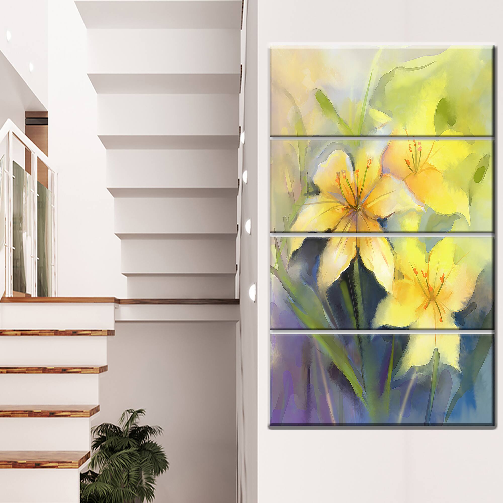 Designart - Watercolor Painting Yellow Lily Flower - Large Floral Canvas Artwork