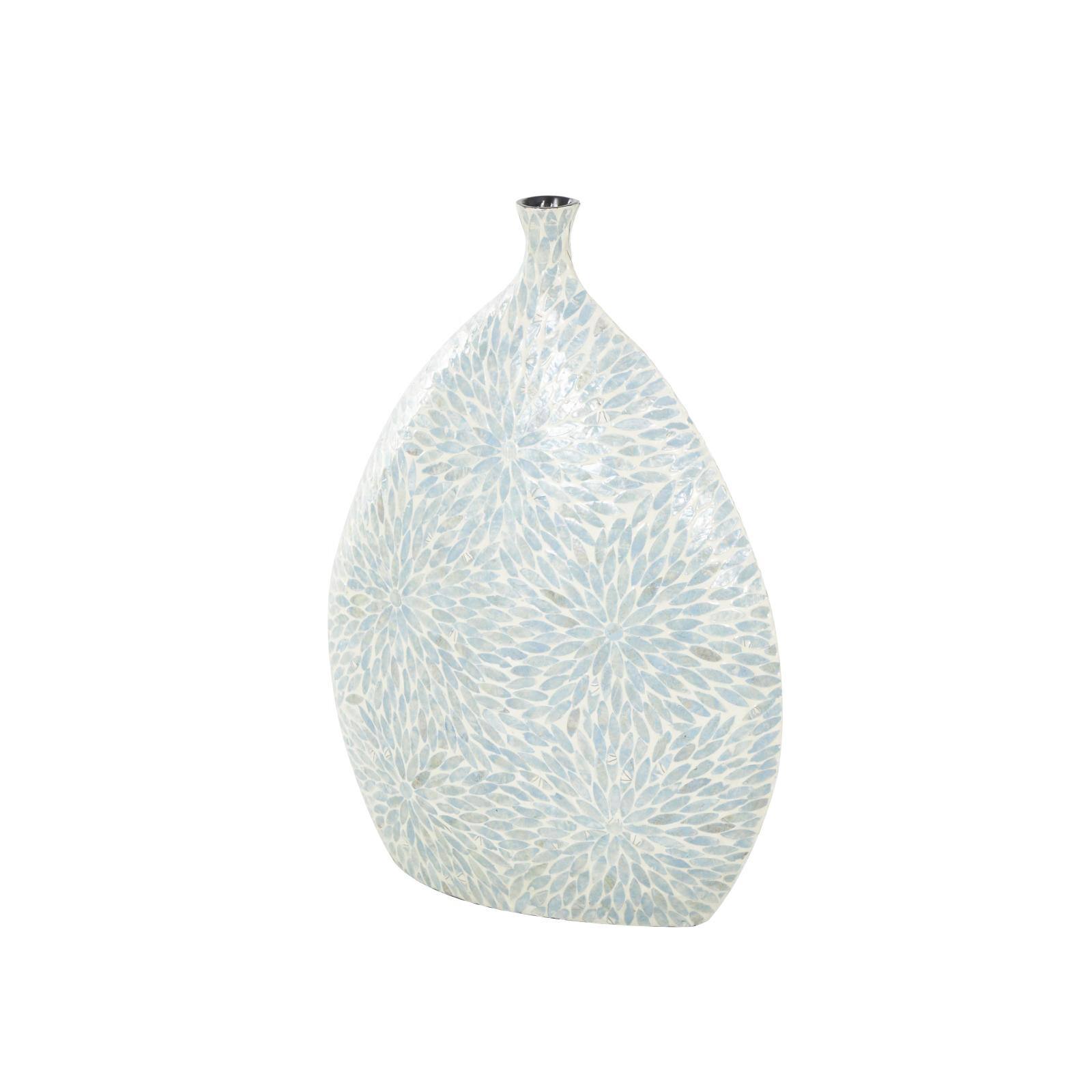 24" Light Blue Mother of Pearl Shell Floral Handmade Large Mosaic Vase with Cream Underlay