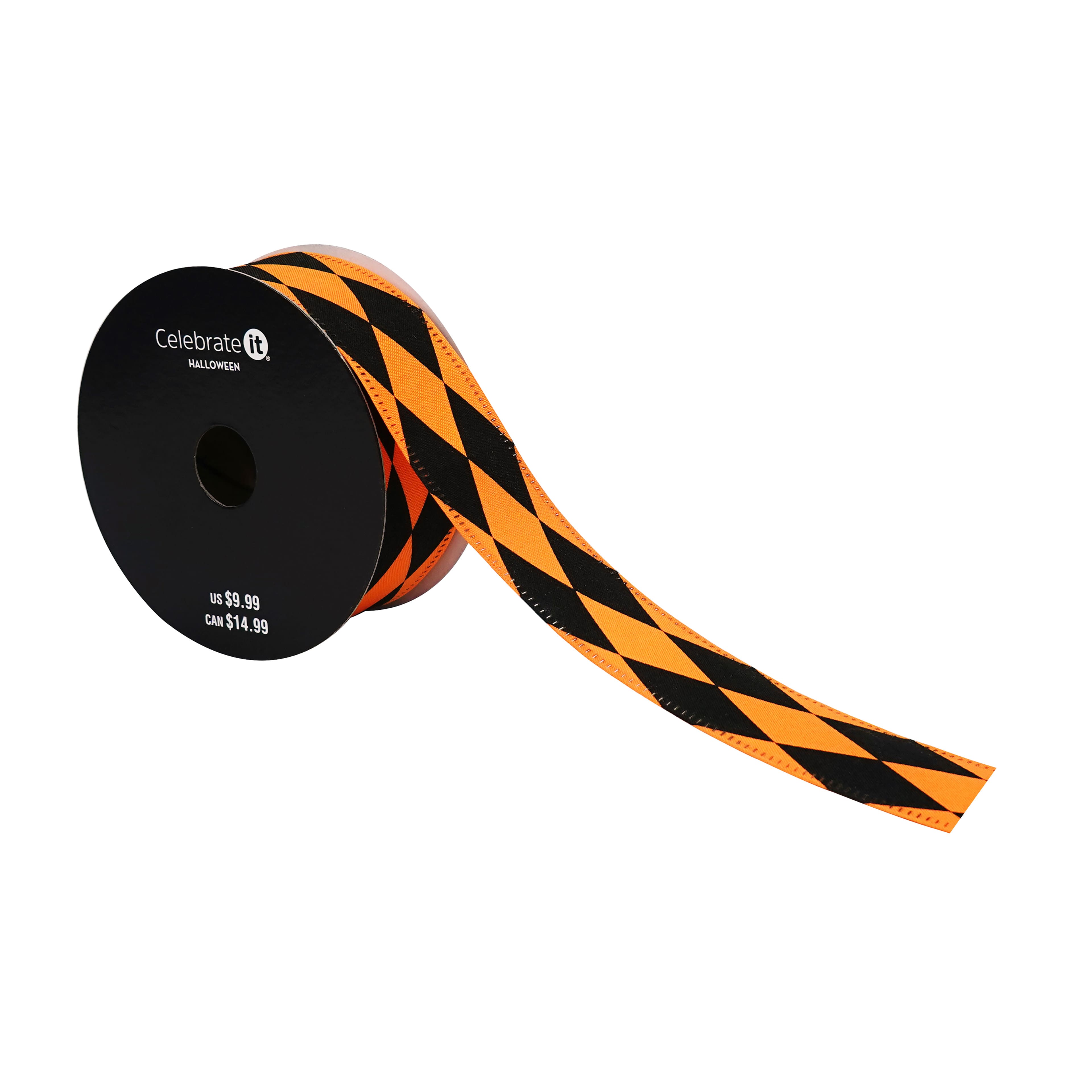 1.5" x 10yd. Black & Orange Diamond Wired Pongee Ribbon by Celebrate It®