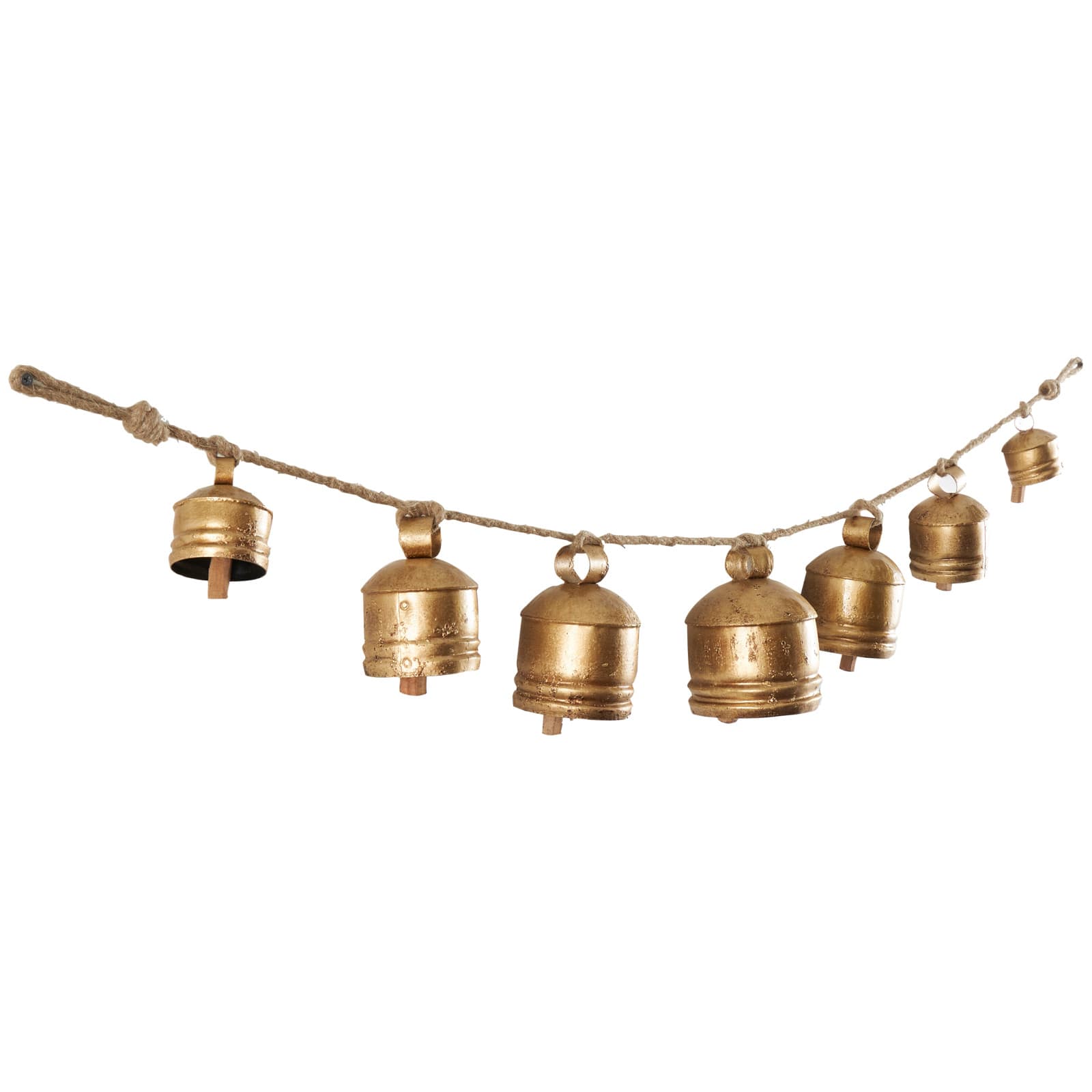 Gold Metal Tibetan Inspired String Hanging Decorative Cow Bells with Jute Hanging Rope
