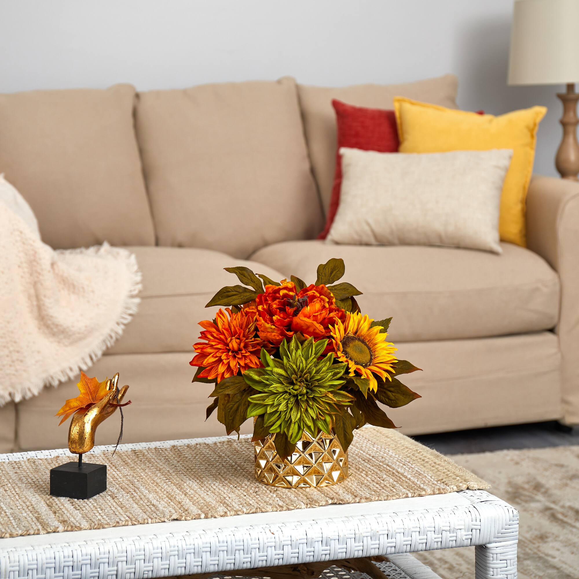 11" Peony, Dahlia & Sunflower Arrangement in Gold Vase