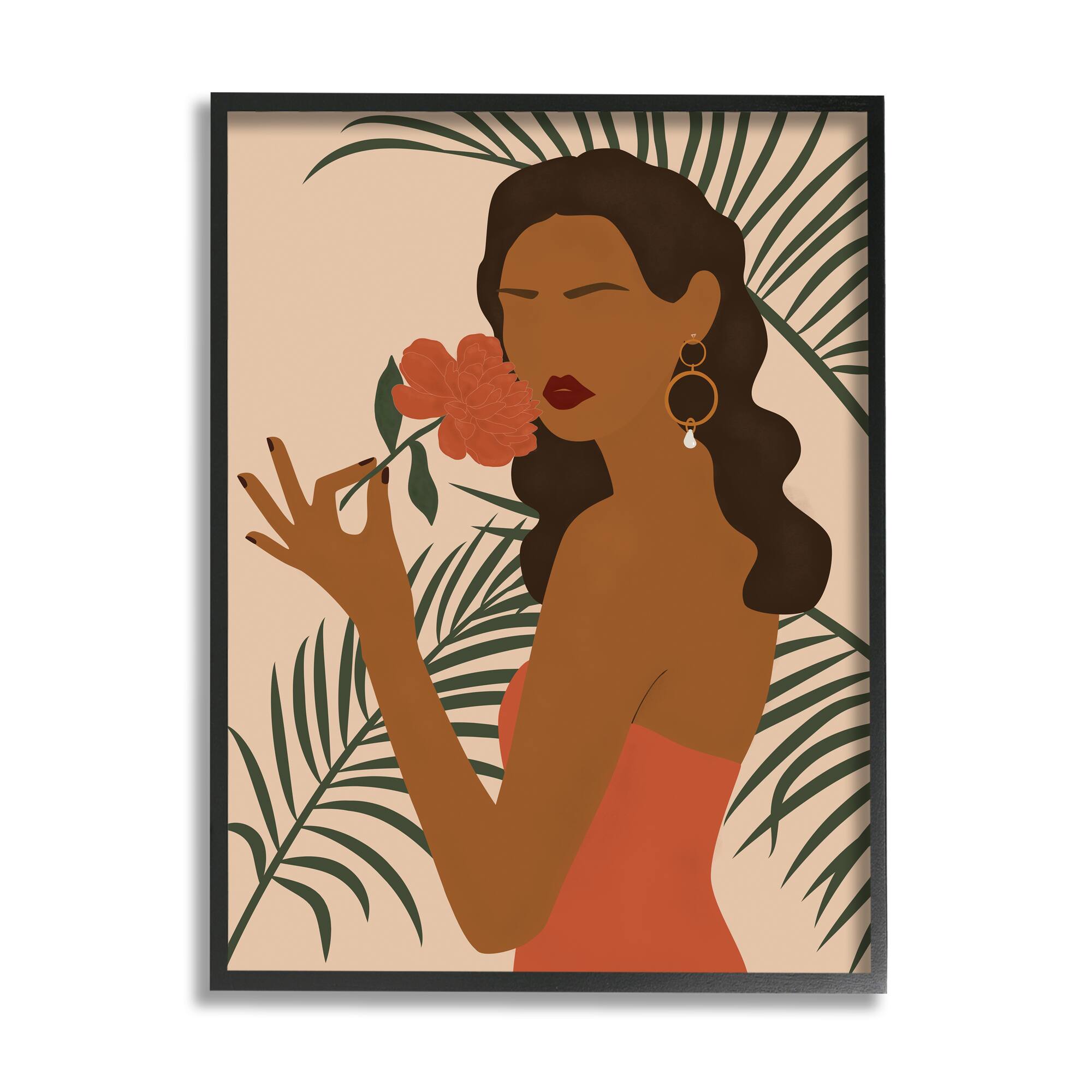 Stupell Industries Woman With Red Floral over Green Palm Leaves in Black Frame Wall Art