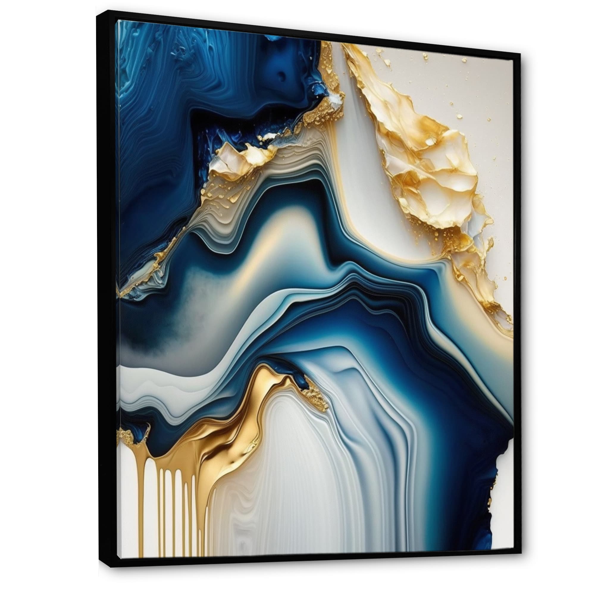 Designart 'Abstract Geode Gold And Blue Marble II' Marble Abstract Framed Canvas Wall Art