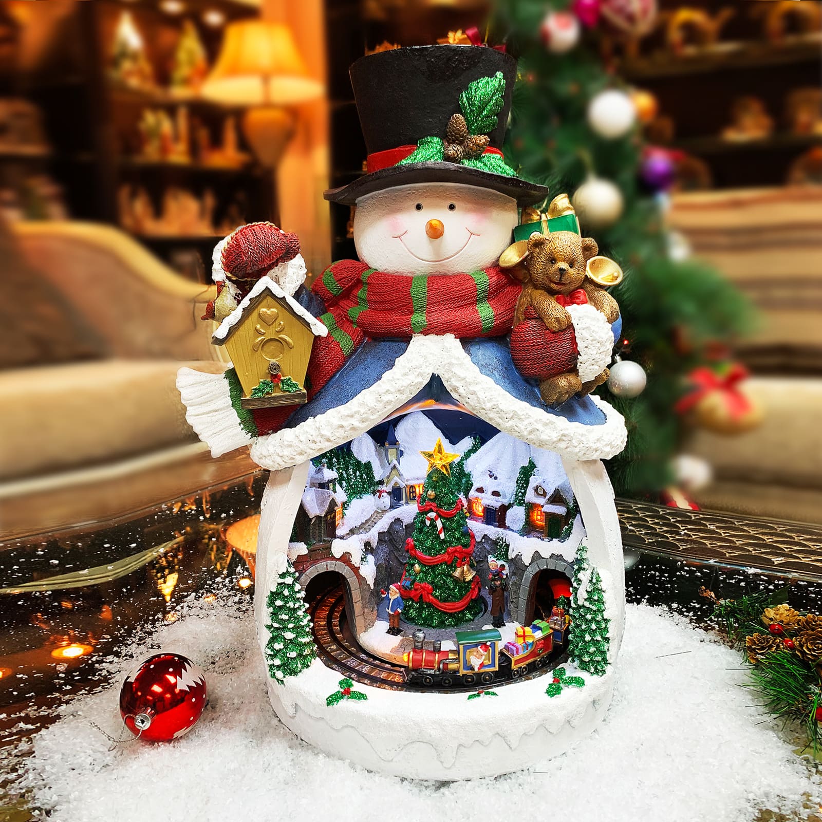 Moments in Time 18.7” Animated Snowman with Christmas Village Train Scene Décor