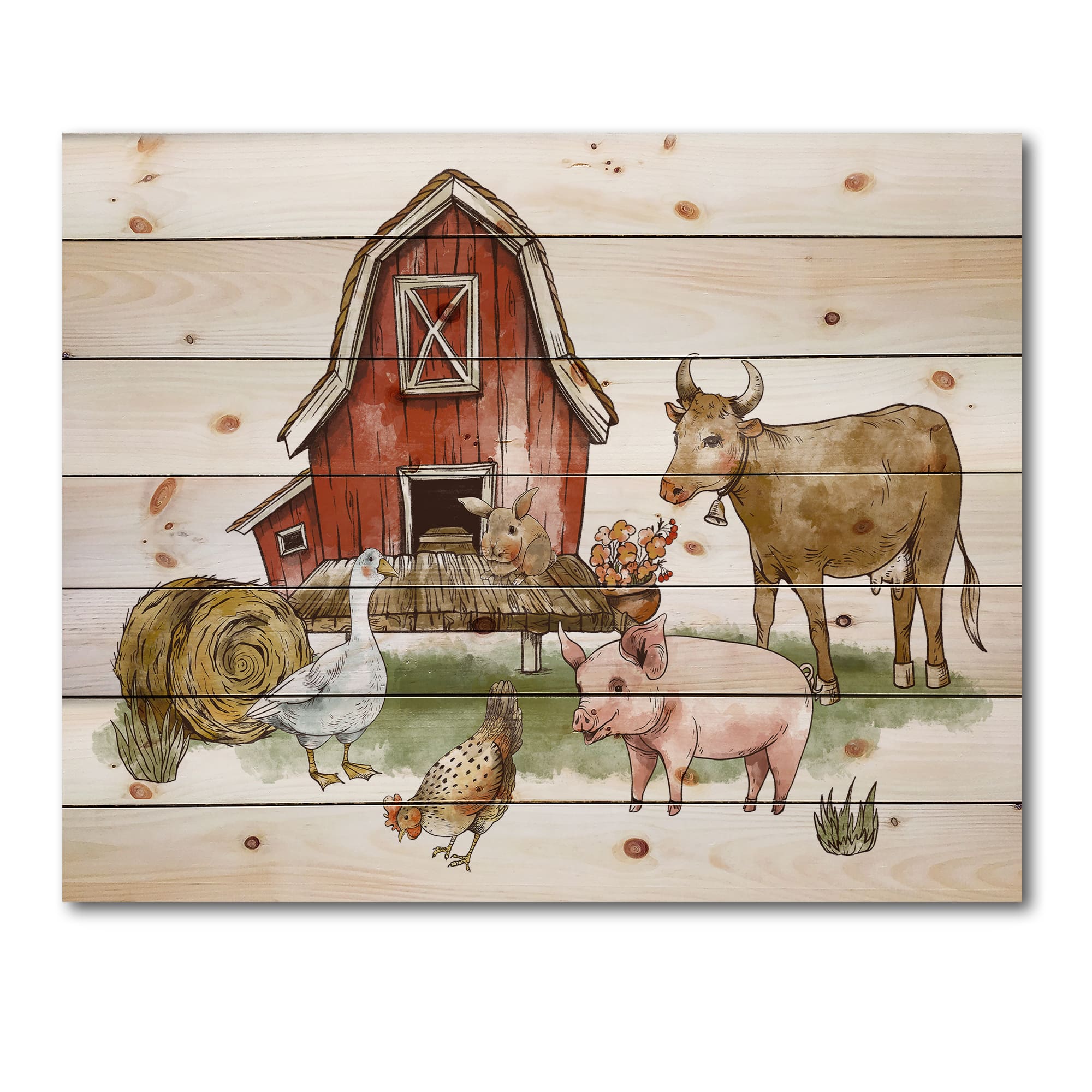 Designart - Farm House With Goose Chicken Cow Pig and Haystack - Rustic Print on Natural Pine Wood