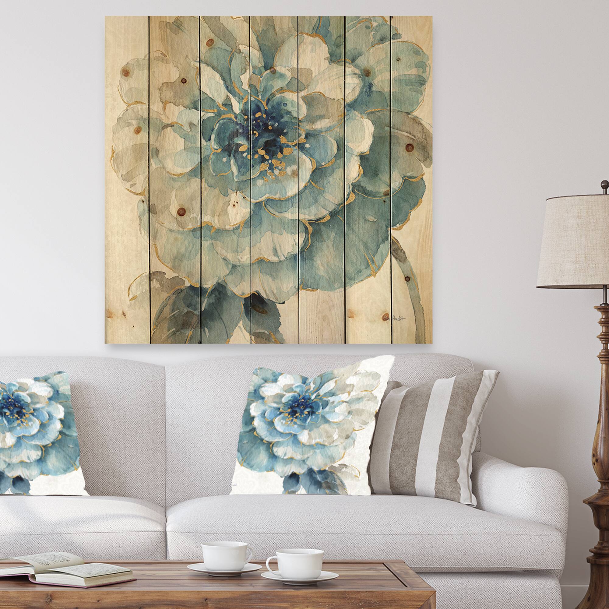 Designart - Indigold Gold Country FLower - Cottage Country Print on Natural Pine Wood