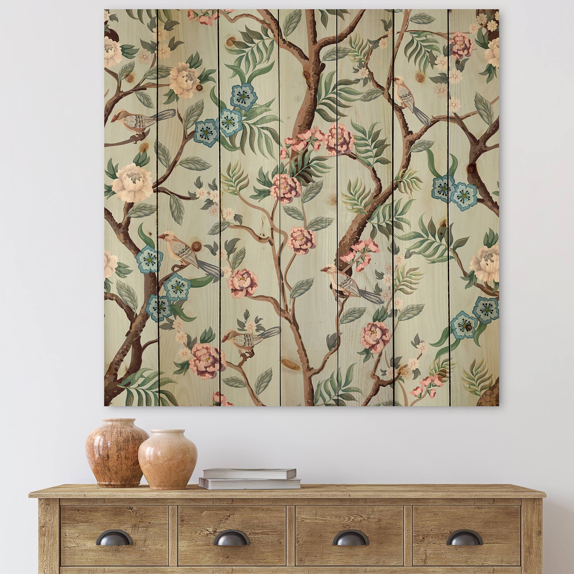 Designart - Chinoiserie With Birds and Peonies X - Traditional Print on Natural Pine Wood