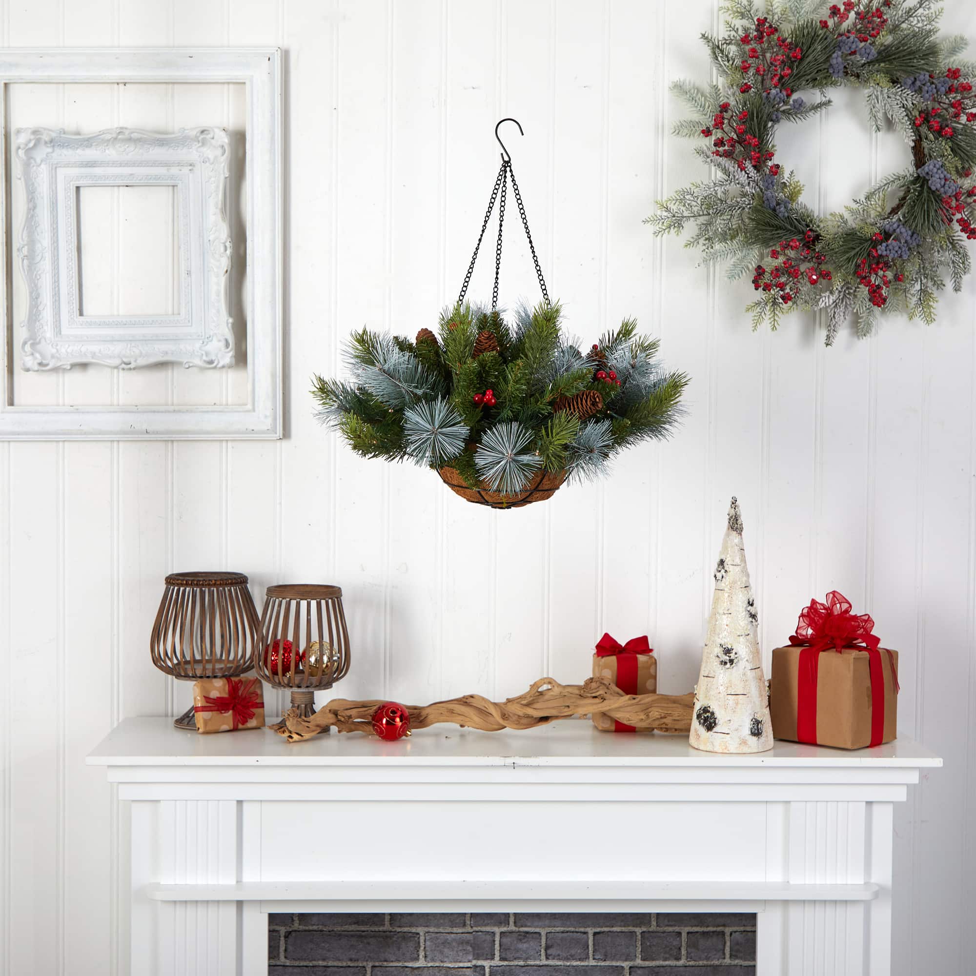 2ft. LED Pine & Berries Artificial Christmas Hanging Basket