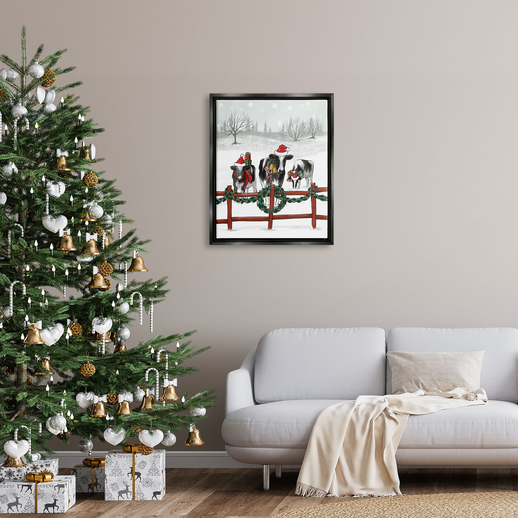 Stupell Industries Holiday Cows Farmland Fence Framed Floater Canvas Wall Art