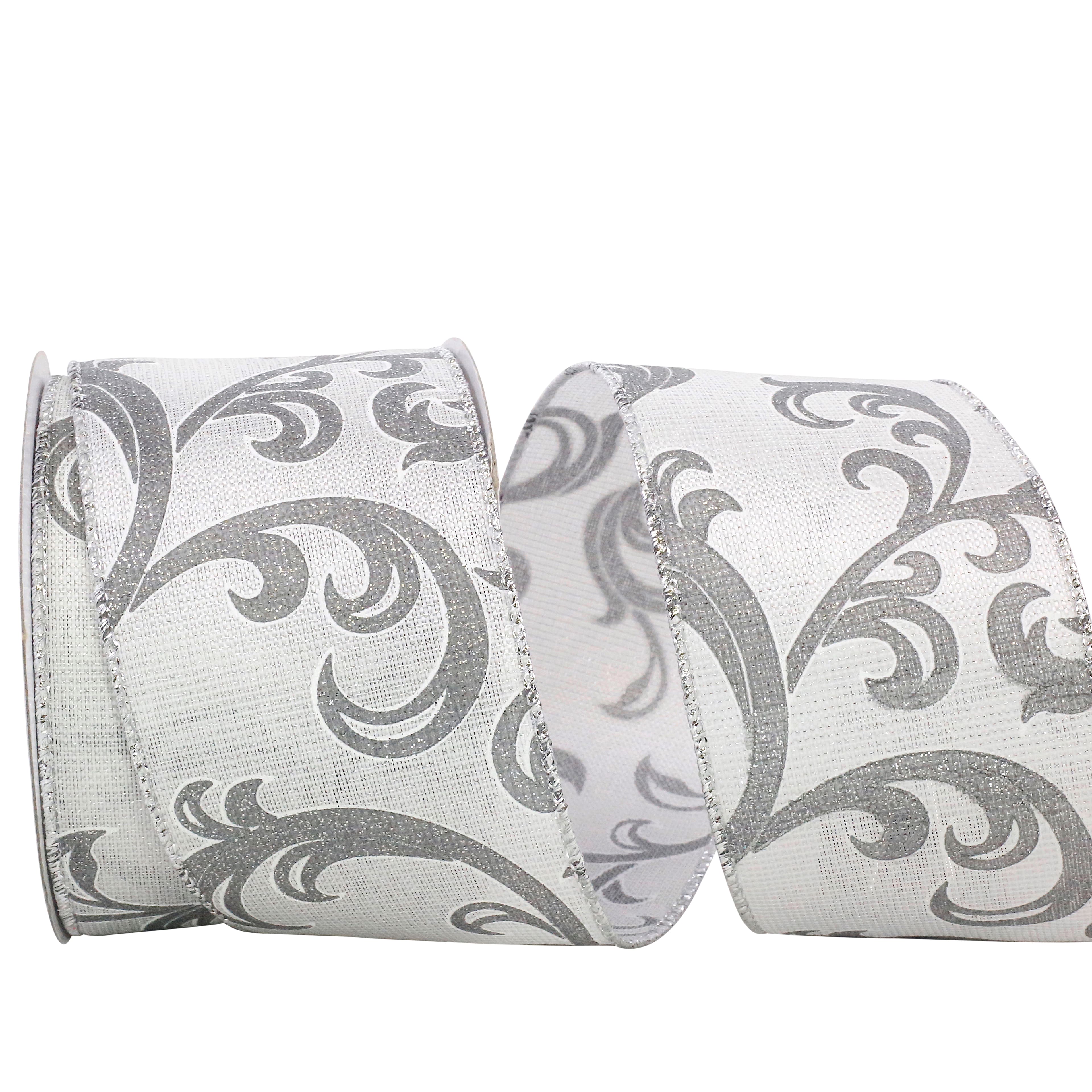 JAM Paper 2.5" x 10yd. White & Silver Scroll Wired Woven Ribbon
